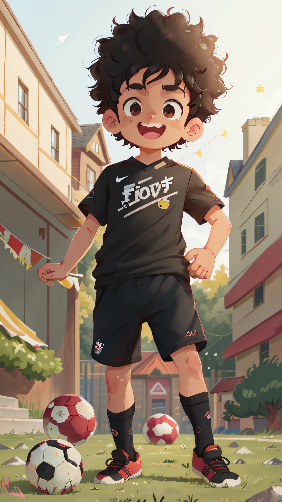 A boy, black curly hair, black football shirt, playing soccer, kicking soccer ball, soccer field, happy cheering in the background, happy, happy, perfect quality, clear focus (clutter - house: 0.8), (masterpiece: 1.2) (realistic: 1.2) (bokeh) (best quality) (detailed skin: 1.3) (intricate details) (8K) (detail eyes) (sharp focus), (happy)