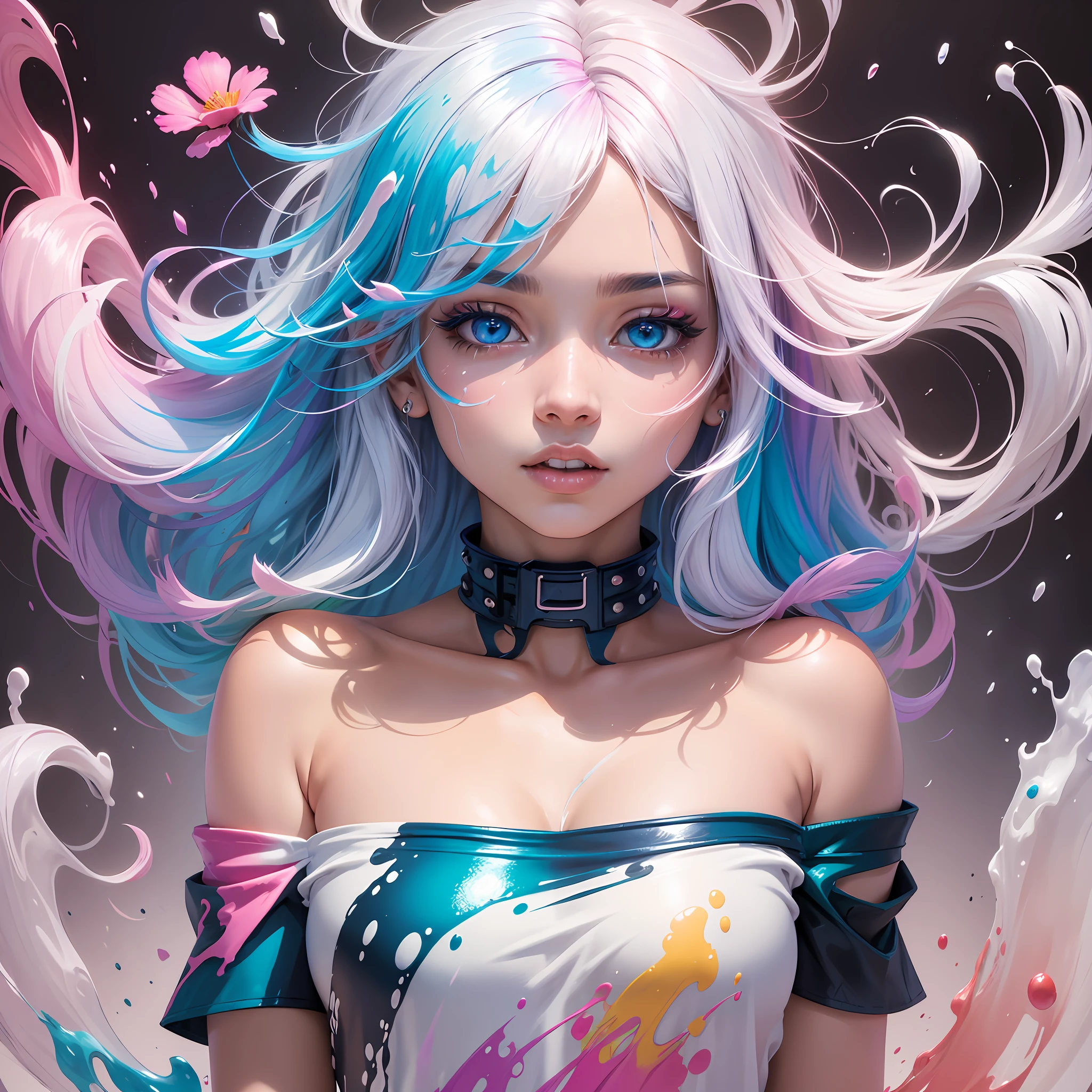 (Pink fashion T-shirt: 1.9), (Colorful hair: 1.8), (Rainbow all colors: 1.8), (((Vertical painting: 1.6))), (Painting: 1.6), Front, manga, illustration, painting, big eyes, crystal clear, (rainbow gradient high ponytail: 1.7), delicate makeup, shut up, (small freshness: 1.5), (bandeau: 1.6), long eyelashes, white off-the-shoulder T- shirt, White Shoulder Shirt, looking at the audience, Big watery eyes, (rainbow hair: 1.6), color splash, (solo:1.8), color splash, color explosion, colour splash, color explosion, thick lacquer style, messy lines, ((shining)), (colorful), (colorful), (colorful), colorful, Thick Paint Style, (Splash) (Color Splash), Vertical Painting, Upper Body, Paint Splash, Acrylic Pigment, Gradient, Paint, Highest Image Quality, Masterpiece, Solo, Depth of Field, Face Paint, colorful clothes, (elegance: 1.2), gorgeous, long hair, wind, (elegance: 1.3), (petals: 1.4), ((masterpiece))), ((best quality))), (ultra-detailed), (illustration), (dynamic angle), (floating), (paint), ((loose hair)), (solo), (1girl), ( ( ( detailed anima face))), (( Beautiful detailed face)), collar, bare shoulders, white hair, ((colored hair)), ((striped hair)), beautiful detailed eyes, (gradient eyes), (colored eyes))), (colored background))), ((high saturation))), ((surrounded by colored splashes)) --auto --s2