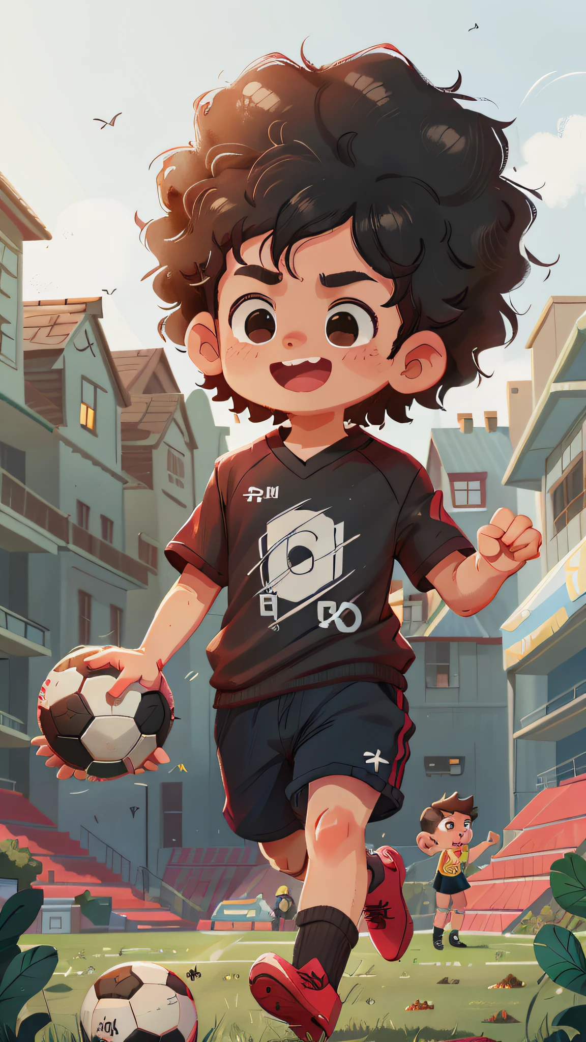 A boy, black curly hair, black football shirt, playing soccer, kicking soccer ball, soccer field, happy cheering in the background, happy, happy, perfect quality, clear focus (clutter - house: 0.8), (masterpiece: 1.2) (realistic: 1.2) (bokeh) (best quality) (detailed skin: 1.3) (intricate details) (8K) (detail eyes) (sharp focus), (happy)