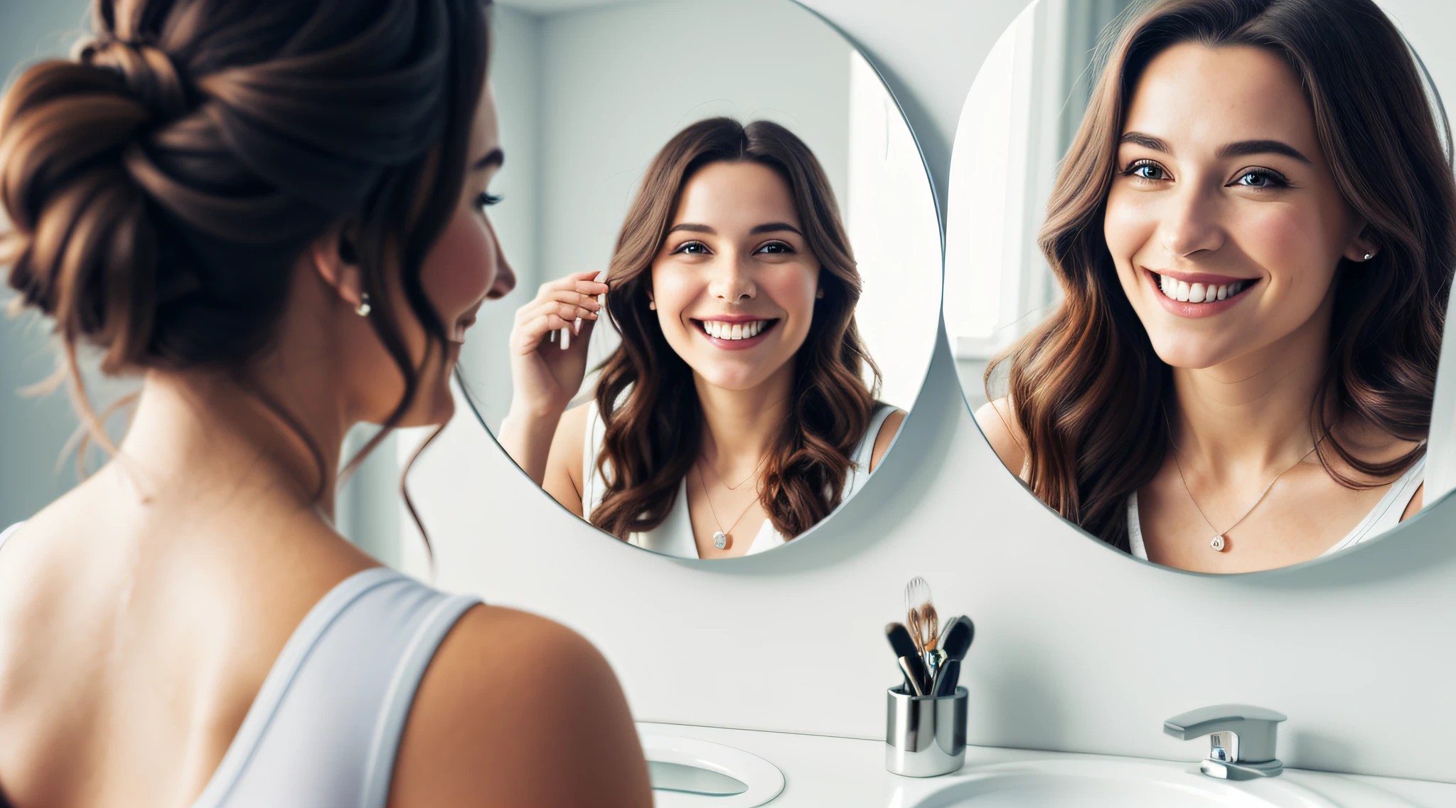 "Ultra detailed CG image in high resolution, depicting a woman smiling with pride on her face and looking at herself in the mirror. The image conveys body positivity, self-love and female empowerment."