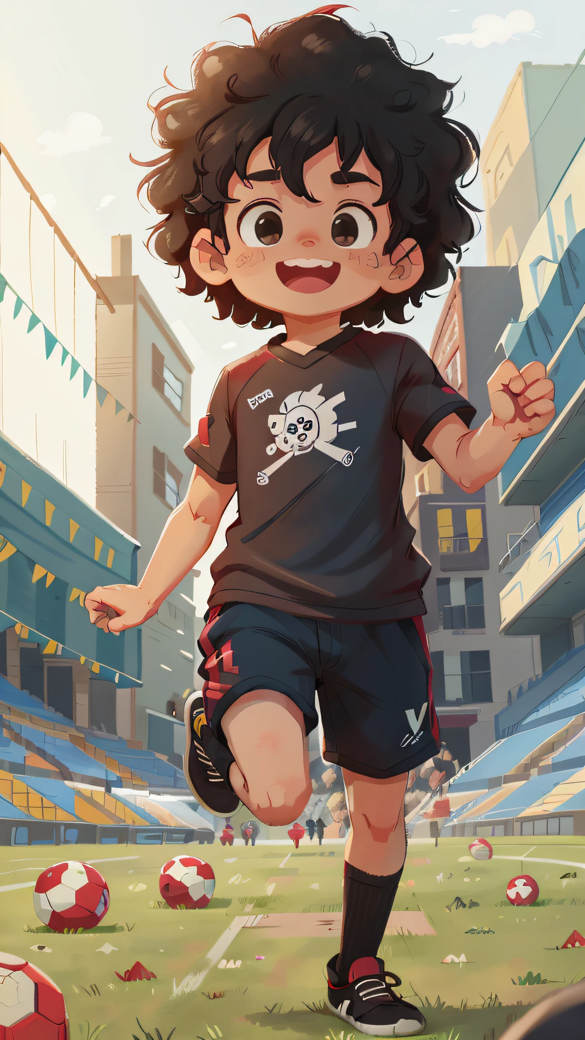 A boy, black curly hair, black football shirt, playing soccer, kicking soccer ball, soccer field, happy cheering in the background, happy, happy, perfect quality, clear focus (clutter - house: 0.8), (masterpiece: 1.2) (realistic: 1.2) (bokeh) (best quality) (detailed skin: 1.3) (intricate details) (8K) (detail eyes) (sharp focus), (happy)