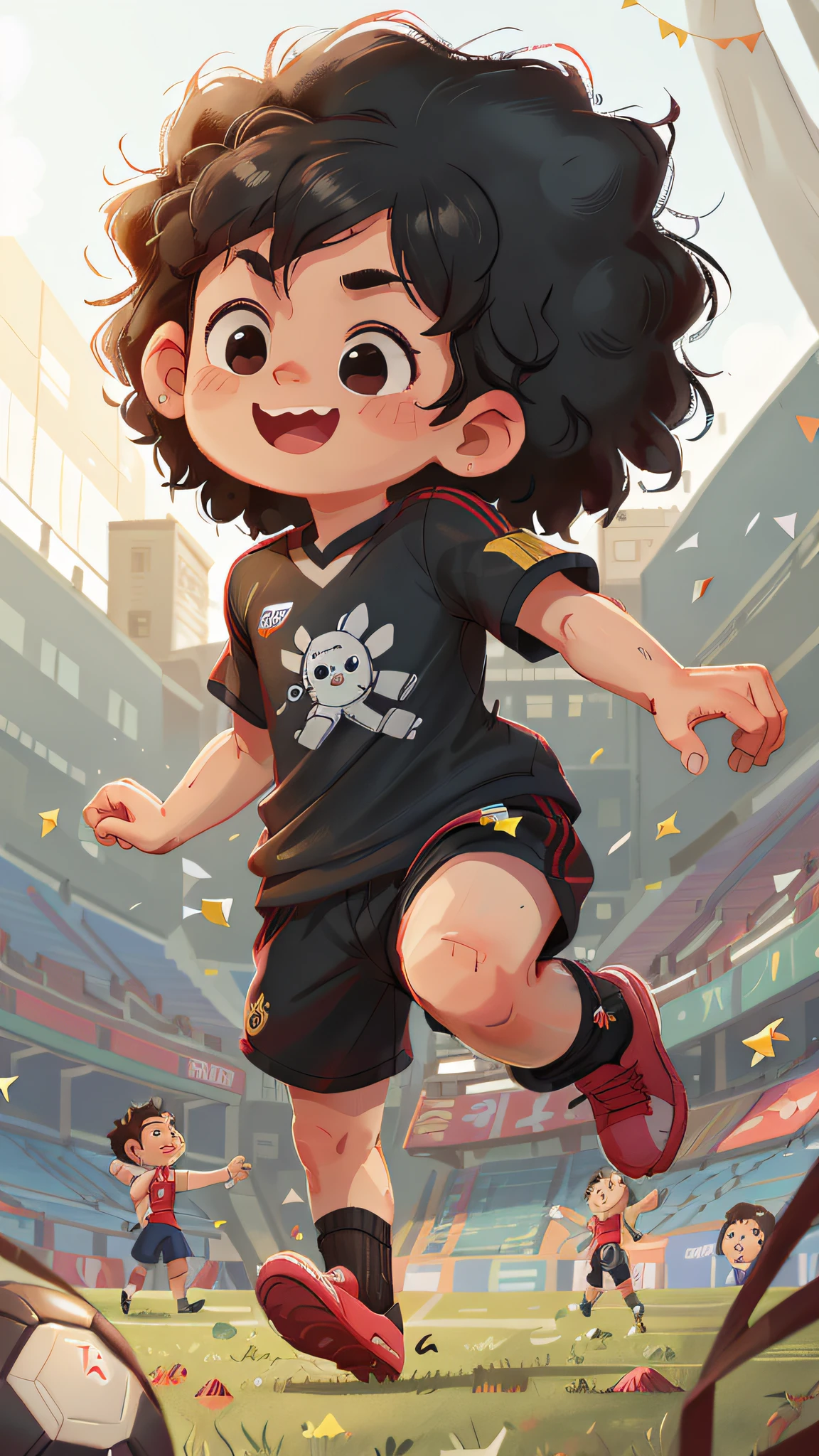 A boy, black curly hair, black football shirt, playing soccer, kicking soccer ball, soccer field, happy cheering in the background, happy, happy, perfect quality, clear focus (clutter - house: 0.8), (masterpiece: 1.2) (realistic: 1.2) (bokeh) (best quality) (detailed skin: 1.3) (intricate details) (8K) (detail eyes) (sharp focus), (happy)