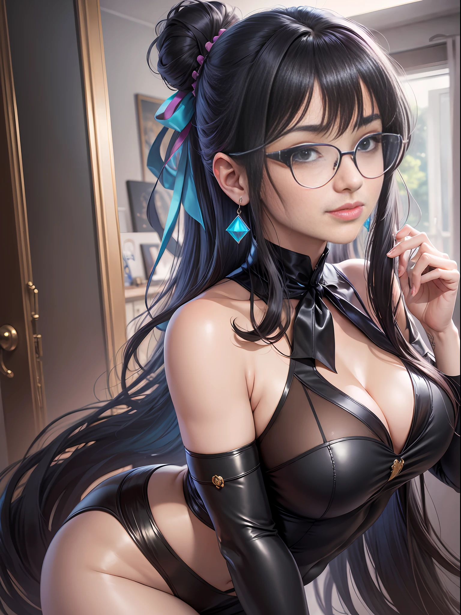 Deep V, silk stockings, black hair, gradient hair, bangs, ponytail, very long hair, heart hair bun, straight hair, ribbon, ribbon, hair ribbon, rimless eyewear, aqua eyes, crescent earrings, smile, anime, Classicism, anime style, Verism, cinematic lighting, reflection light, stereogram, UHD, masterpiece, textured skin, highres, best quality, super detail