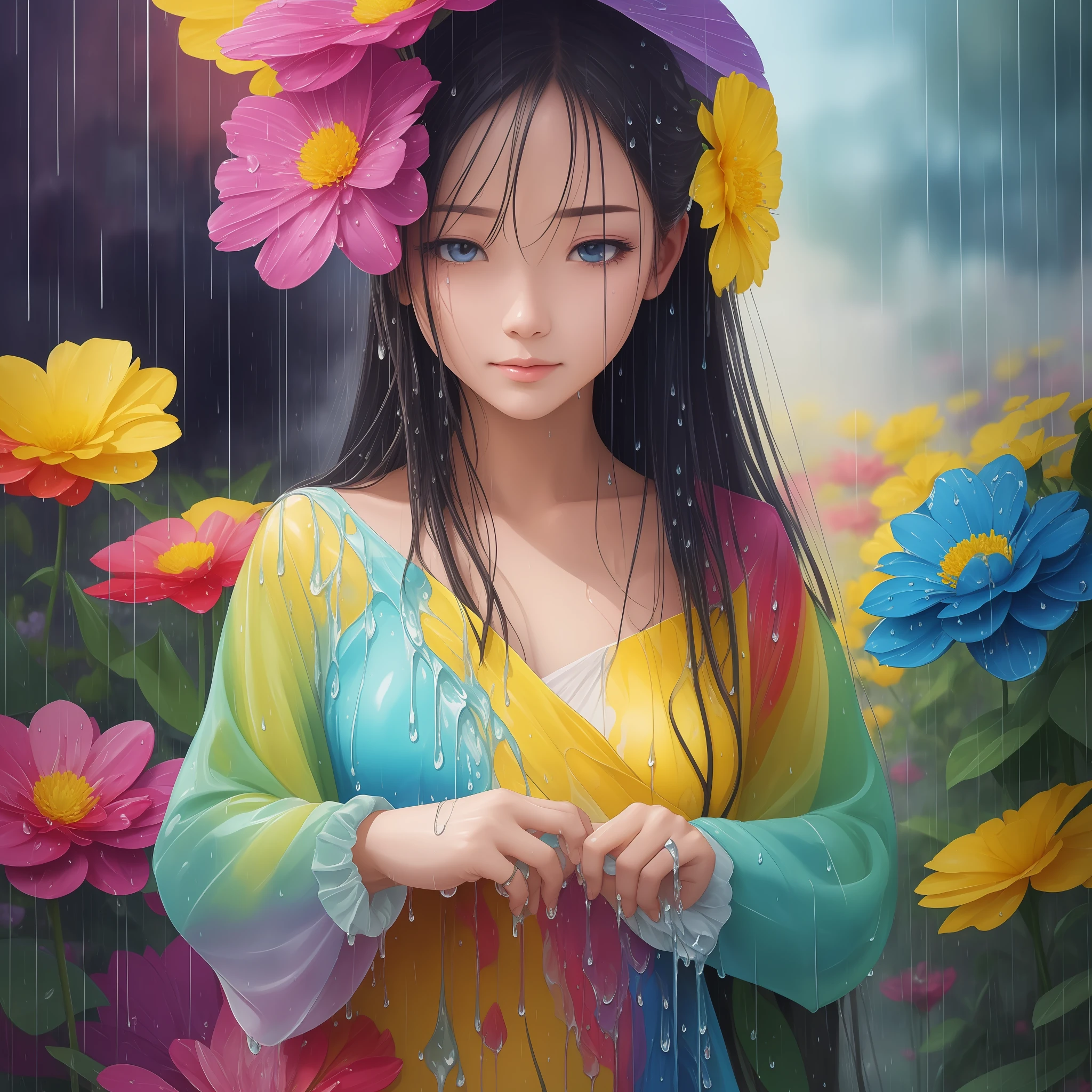 (masterpiece, best quality) A beautiful flower thrives (under the rain, with dripping petals and a bright color)