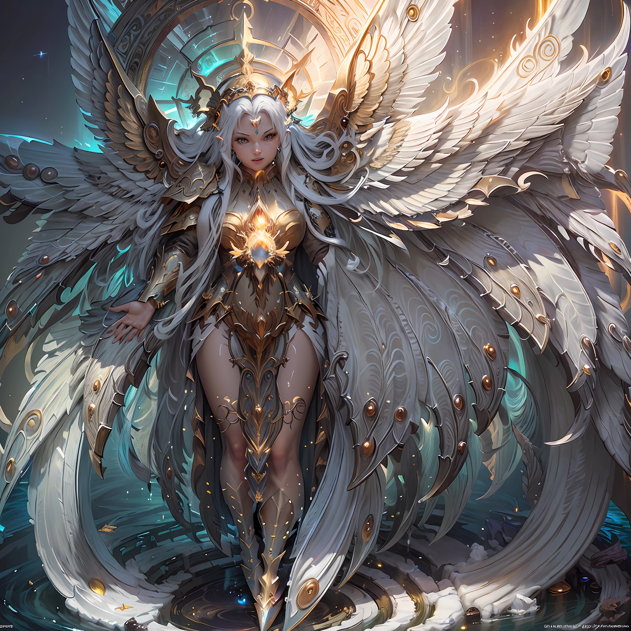 round image,(masterpiece:1.3), (best quality:1.2), (super fine illustrations:1.2), (masterpiece), high quality, high detail,(SOLO:1.4),((round image)),[(white background:1.1)::5],[(beach:1):5],[(game character portrait:1.2):5],1 girl,solo,(((full body))),only five fingers,((long white hair)) ((yellow and (white) ends)),long hair, full body, look at the viewer,  looking from above, (bright water eyes), shock wave, illumination, (wings of celestial energy), wings of fire, rays, halo, rays of energy, halo of energy, armor, armor of the heavens
(hyper detail:1.1), (dramatic light:1.2), (intricate details:1.1), (colored:1.1), stingrays, sexy pose, large breasts, (rising from hell:1.2), (flowing robes:1.2), (ethereal glow:1.3), (celestial atmosphere:1.3), size 1:1