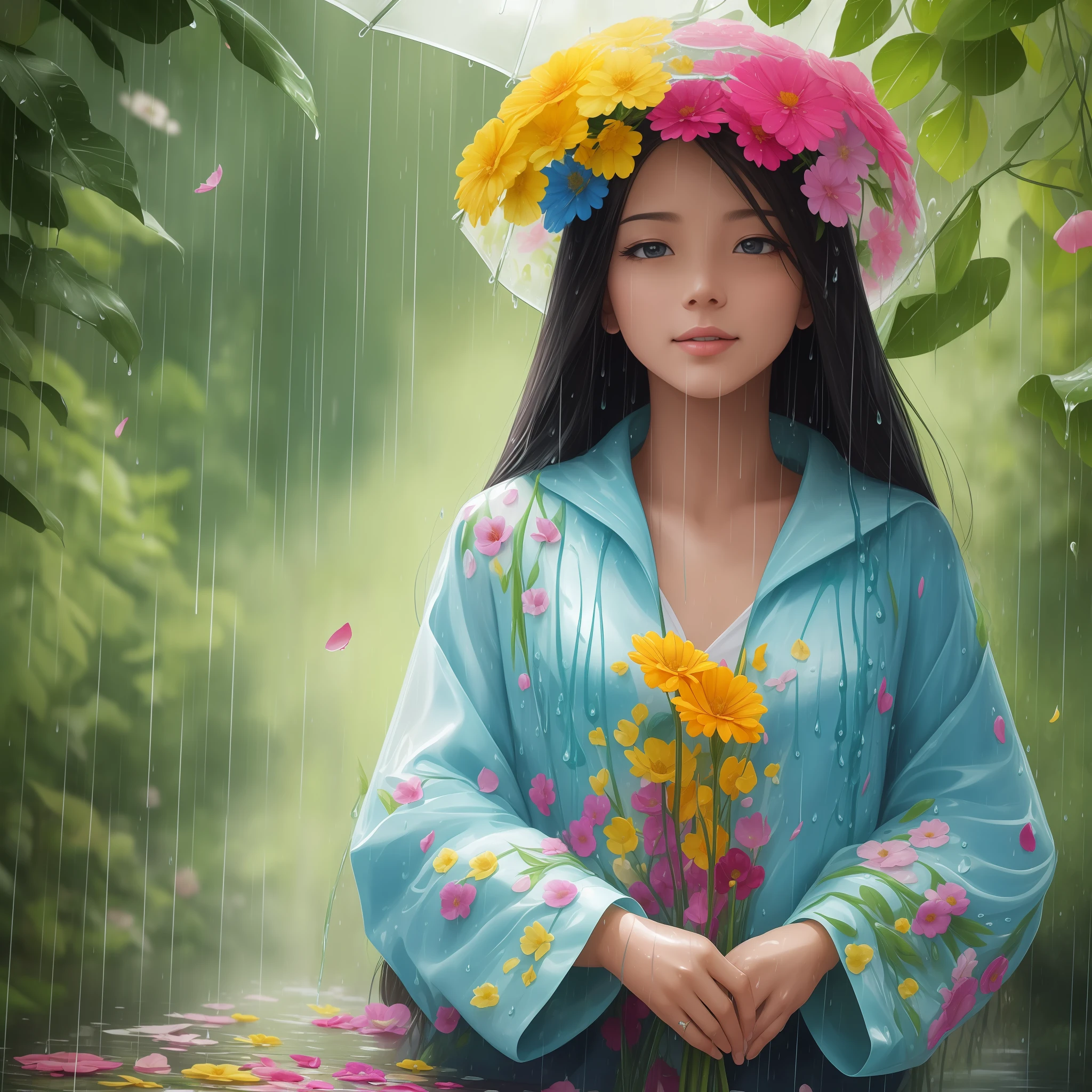 (masterpiece, best quality) A beautiful flower thrives (under the rain, with dripping petals and a bright color)
