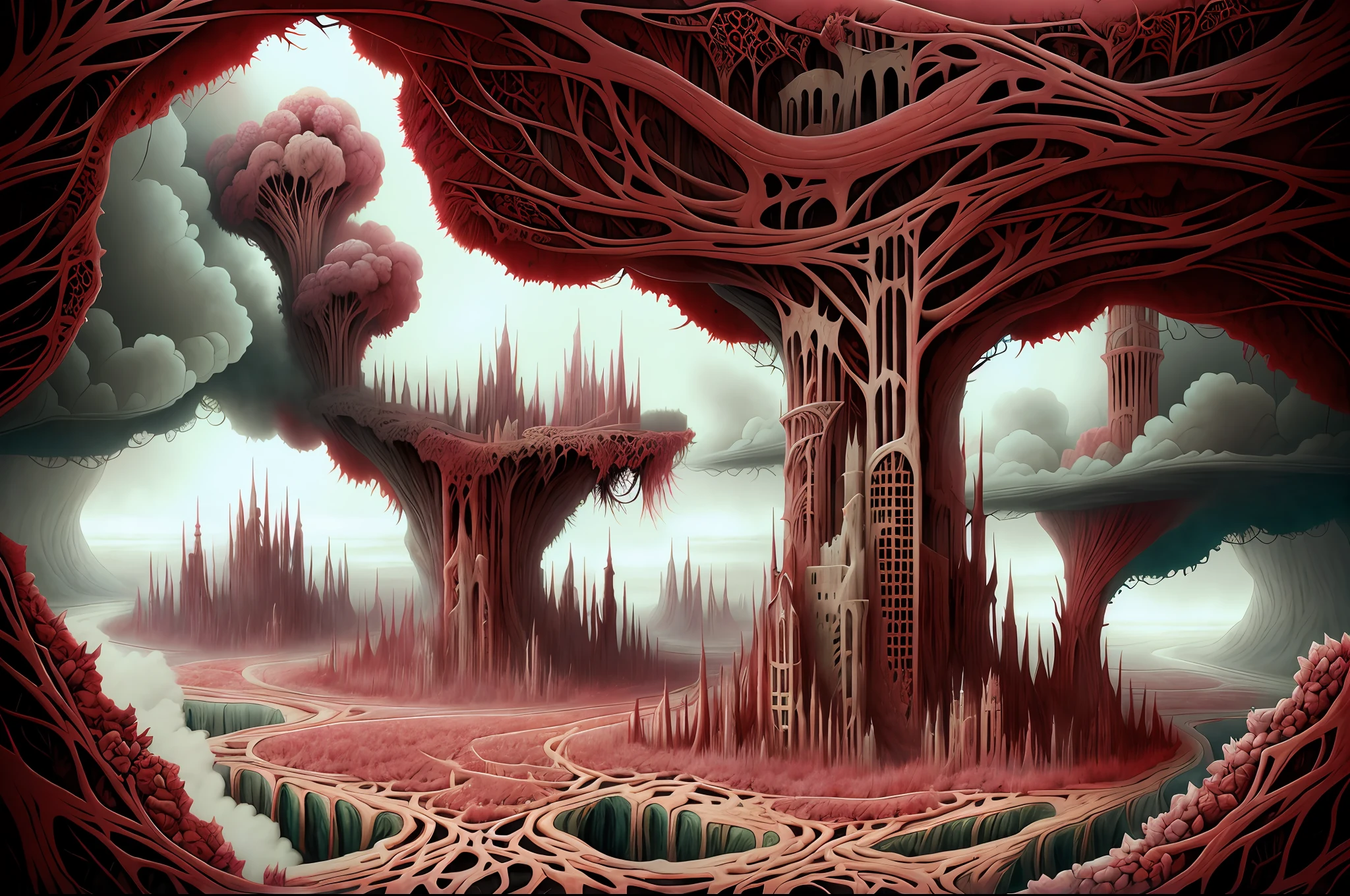 This horror art illustration features a hyper-detailed, mythical landscape viewed from a wide angle top-down perspective. The scene depicts a chaotic urban city surrounded by thorns and a polluted river leading to a morbid waterfall. The sky is filled with polluted madness, adding to the eerie and haunting atmosphere of the piece. The artwork was created through a collaboration between artists Michael Whelan, Dan Seagrave, and Marcos Miller, showcasing their combined skill in the production of surrealistic and horror elements. The intricate details throughout the artwork make it a hyper-detailed and haunting portrayal of a polluted and dystopian world.