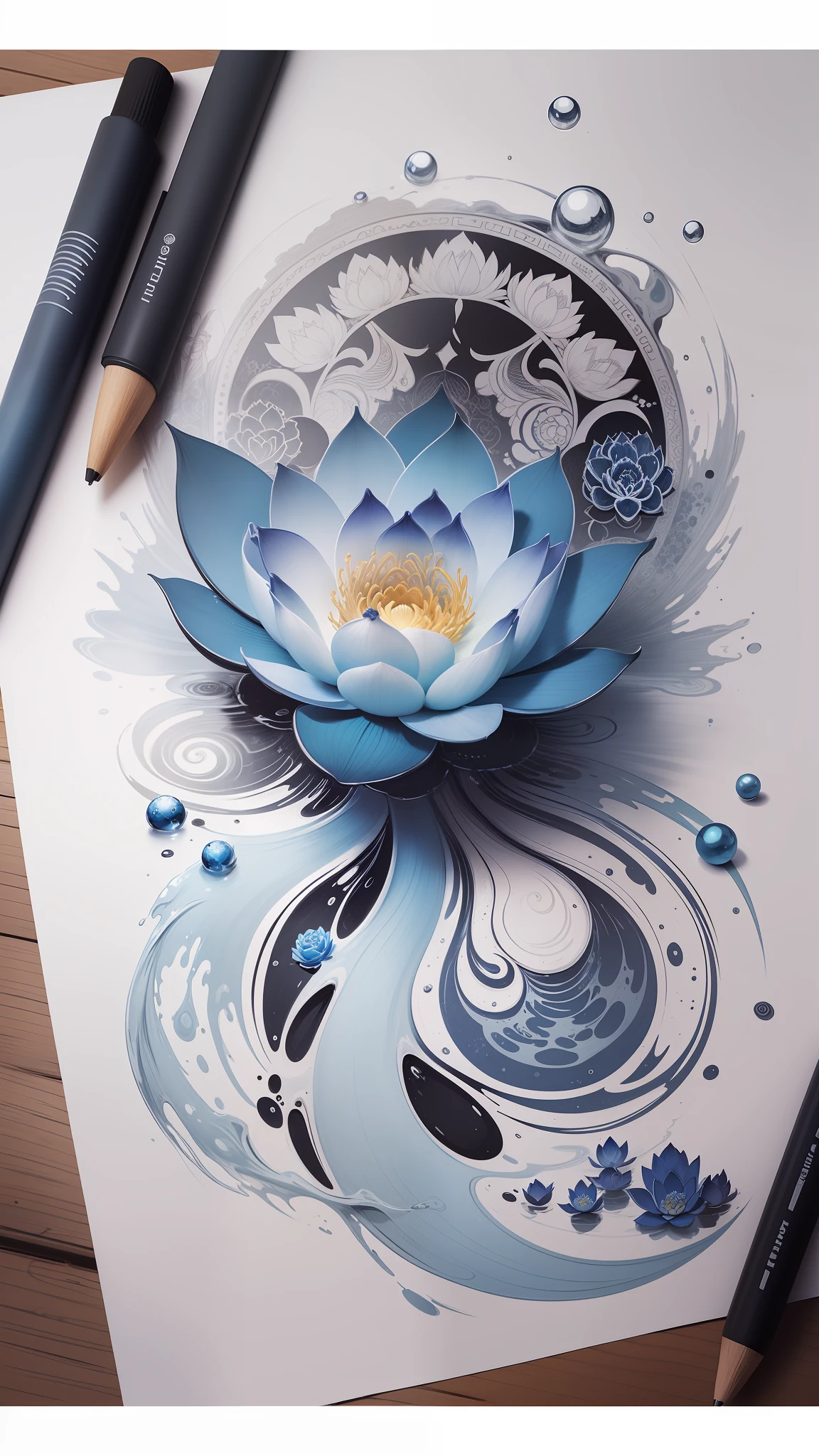 A sketch of blue Lotus on top of a splash of water, pencil art style, tattoo art, cartoon style.