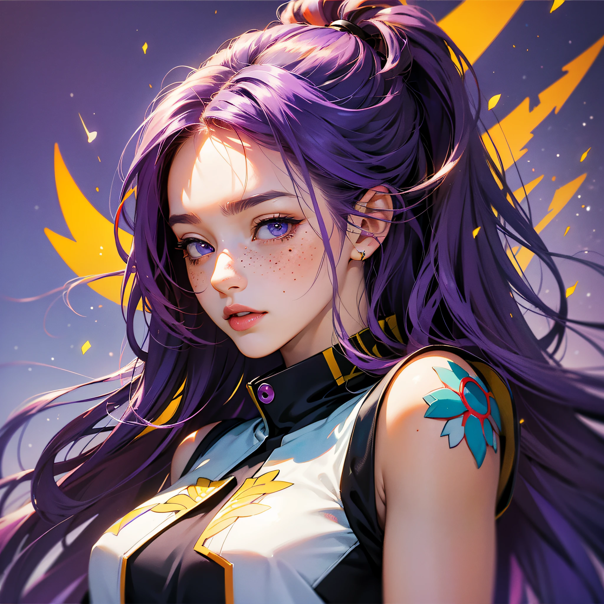 masterpiece, best quality, {best quality}, {{masterpiece}}, {highres}, focus, anime style, a closeup of a cartoon of a woman, girl design, portrait, giesha, anime image, long hair, purple hair, redhead, straight eyes, polished and powerful look, exotic, tall, freckles, cheerful, grunge clothing, colorful, colors --auto --s2