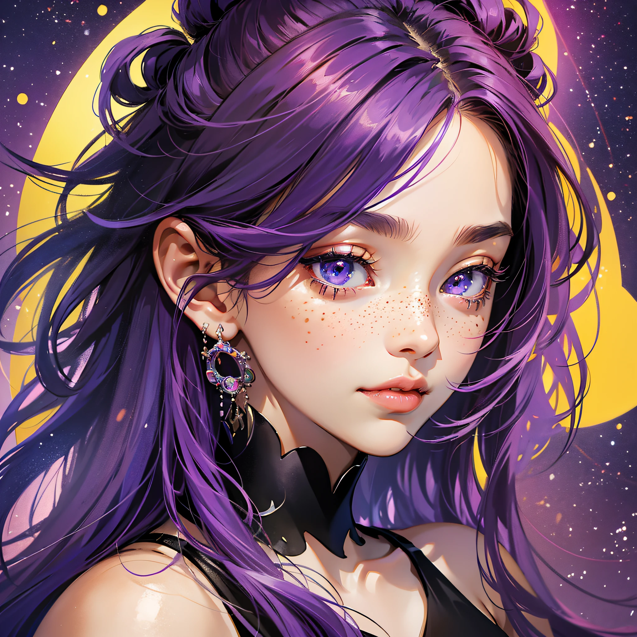masterpiece, best quality, {best quality}, {{masterpiece}}, {highres}, focus, anime style, a closeup of a cartoon of a woman, girl design, portrait, giesha, anime image, long hair, purple hair, redhead, straight eyes, polished and powerful look, exotic, tall, freckles, cheerful, grunge clothing, colorful, colors --auto --s2