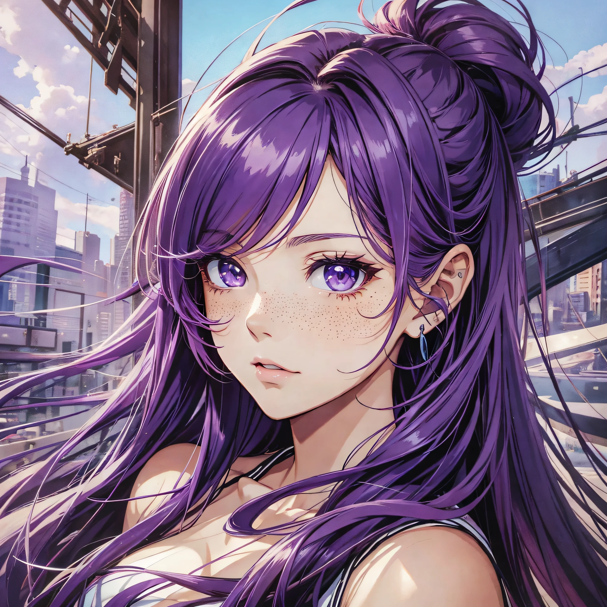 masterpiece, best quality, {best quality}, {{masterpiece}}, {highres}, focus, anime style, a closeup of a cartoon of a woman, girl design, portrait, giesha, anime image, long hair, purple hair, redhead, straight eyes, polished and powerful look, exotic, tall, freckles, cheerful, hipster clothing, colorful, colors --auto --s2