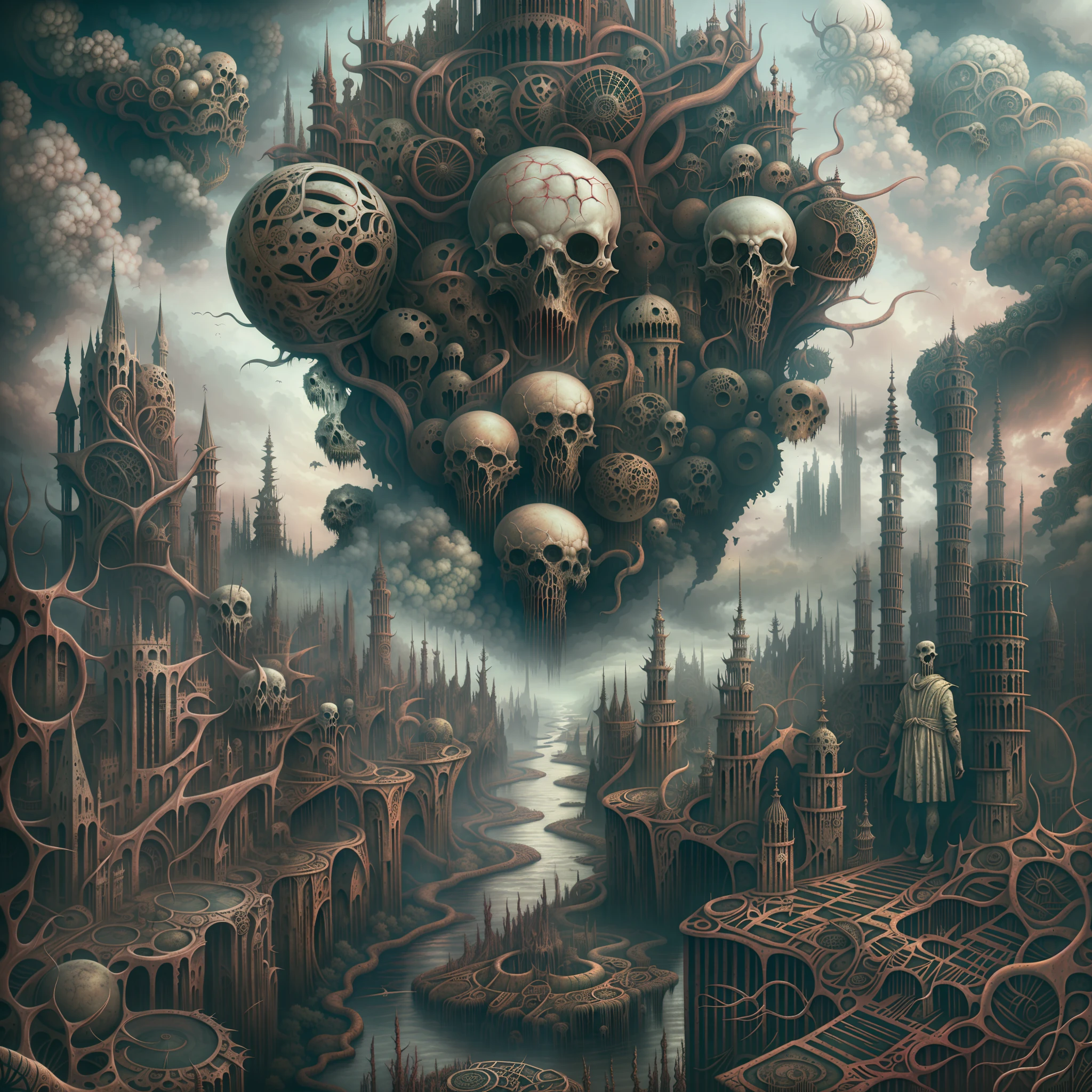 This horror art illustration features a hyper-detailed, mythical landscape viewed from a wide angle top-down perspective. The scene depicts a chaotic urban city surrounded by thorns and a polluted river leading to a morbid waterfall. The sky is filled with polluted madness, adding to the eerie and haunting atmosphere of the piece. The artwork was created through a collaboration between artists Michael Whelan, Dan Seagrave, and Marcos Miller, showcasing their combined skill in the production of surrealistic and horror elements. The intricate details throughout the artwork make it a hyper-detailed and haunting portrayal of a polluted and dystopian world.