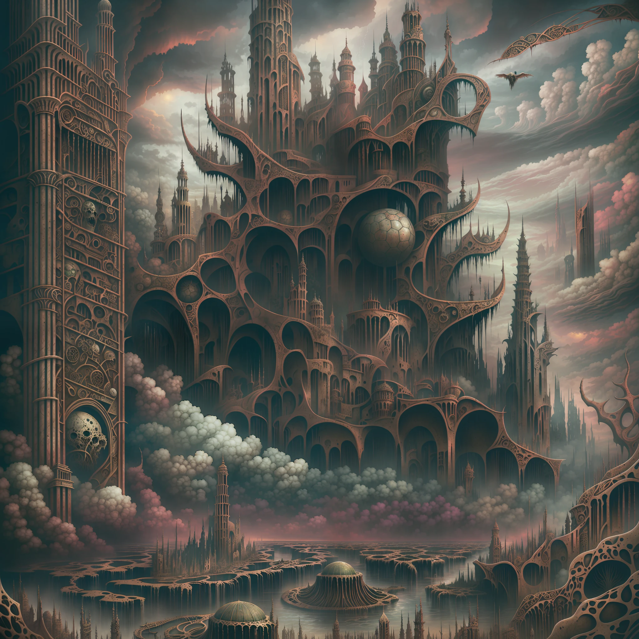 This horror art illustration features a hyper-detailed, mythical landscape viewed from a wide angle top-down perspective. The scene depicts a chaotic urban city surrounded by thorns and a polluted river leading to a morbid waterfall. The sky is filled with polluted madness, adding to the eerie and haunting atmosphere of the piece. The artwork was created through a collaboration between artists Michael Whelan, Dan Seagrave, and Marcos Miller, showcasing their combined skill in the production of surrealistic and horror elements. The intricate details throughout the artwork make it a hyper-detailed and haunting portrayal of a polluted and dystopian world.