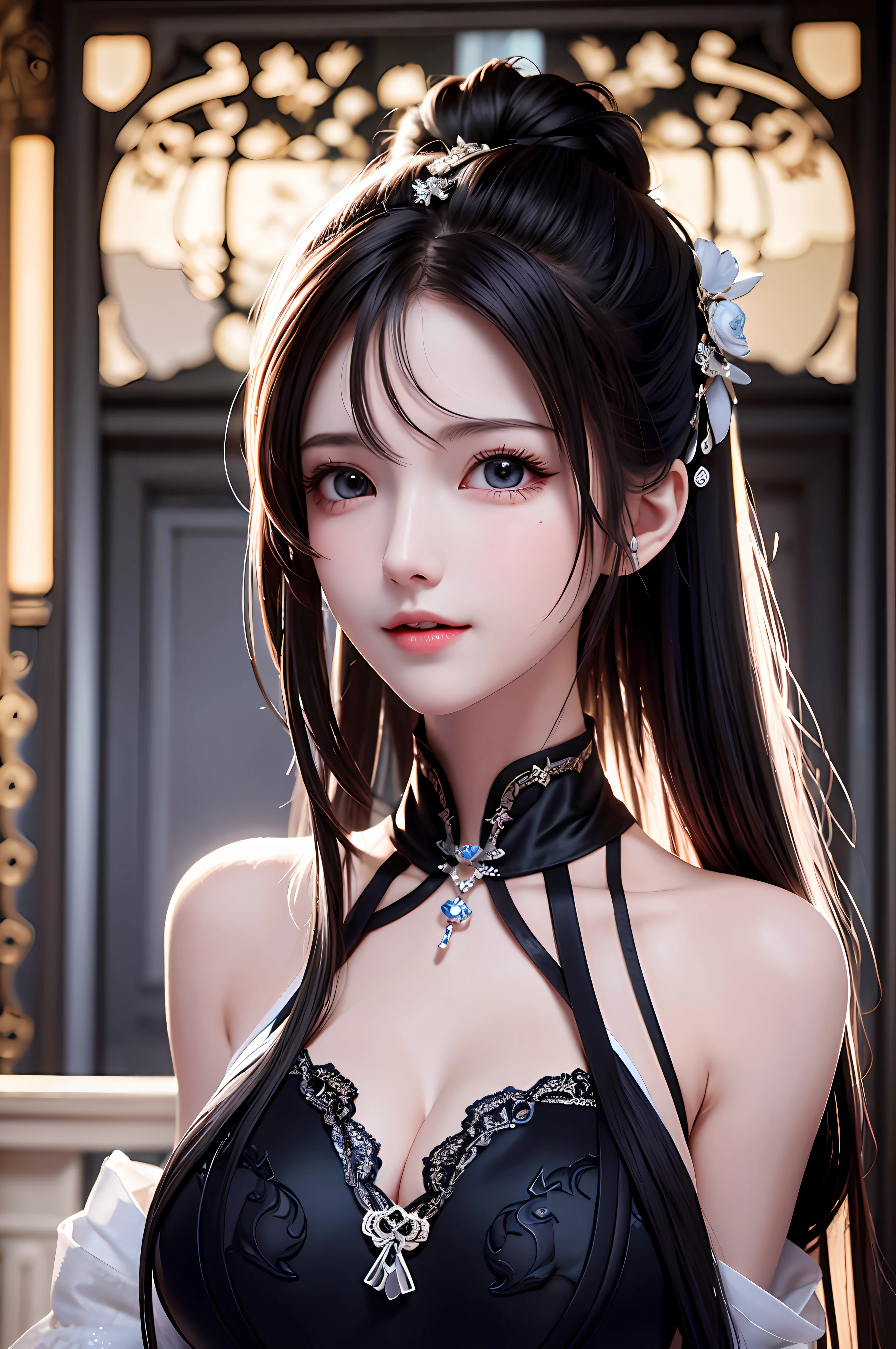 Superb Quality, Masterpiece, High Resolution, 1Girl, Blush, (Seductive Smile: 0.8), Star Eyes, Exposed Chest, Defined Lines, on_body, Tyndall Effect, Realistic, Shadow Room, Light Edge, Two-tone Lighting, (High Detail Skin: 1.2), 8K UHD, DSLR, Soft, High Quality, Volumetric Lighting, Shooting, High Resolution, 4K, 8K, Background Blurred, Soft Long Hair, Black Hair Scattered, Black Eyes, Slender Waist, Huge Breasts, Silk Transparent, Lace Lace, Raised,
