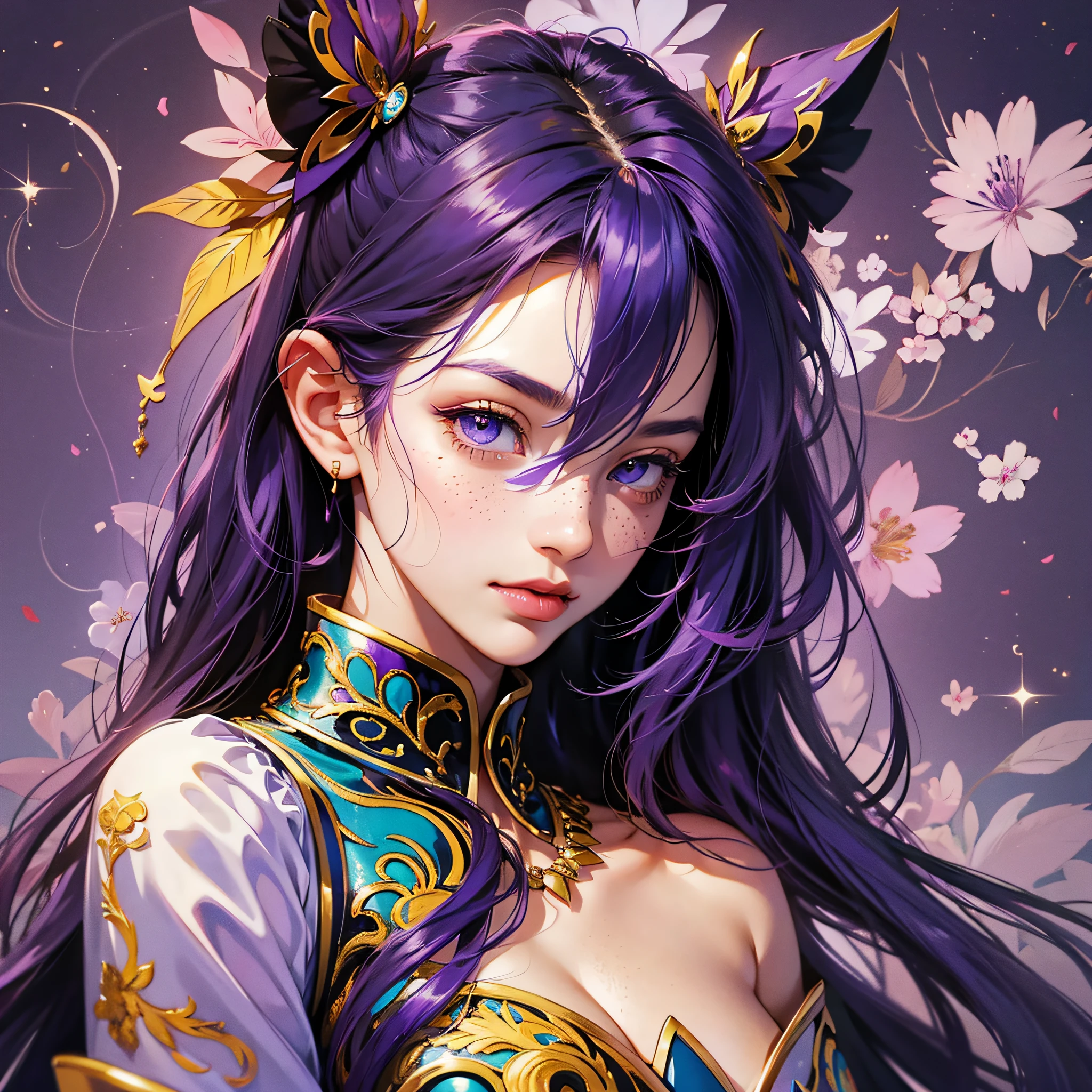 masterpiece, best quality, {best quality}, {{masterpiece}}, {highres}, focus, anime style, a closeup of a cartoon of a woman, girl design, portrait, giesha, anime image, long hair, purple hair, heterochrome eyes, polished and powerful look, exotic, tall, freckles, cheerful, vintage casual clothing, colorful, colors --auto --s2