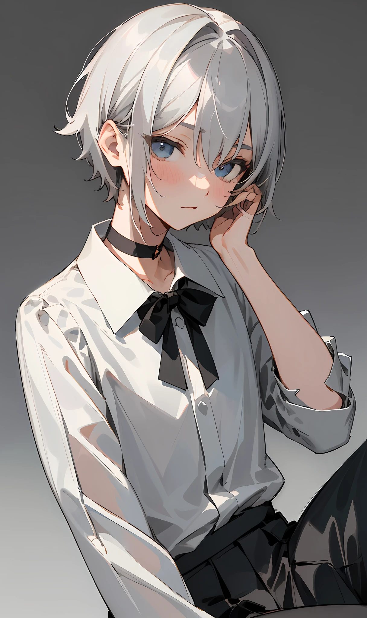 masterpiece, (((highest quality)))), ((super detailed)), ((illustration)),
(((grey_background, simple background))),
1boy, pink_hair, (short_hair), hair_between_eyes, dark_blue_eyes, clavicle,
uninteresting, [blush], looking_at_viewer, sitting, upper body,
(see-through white_collared_shirt, long_sleeves), black_short_pants, choker, black_pantyhose, x_hair_ornament,