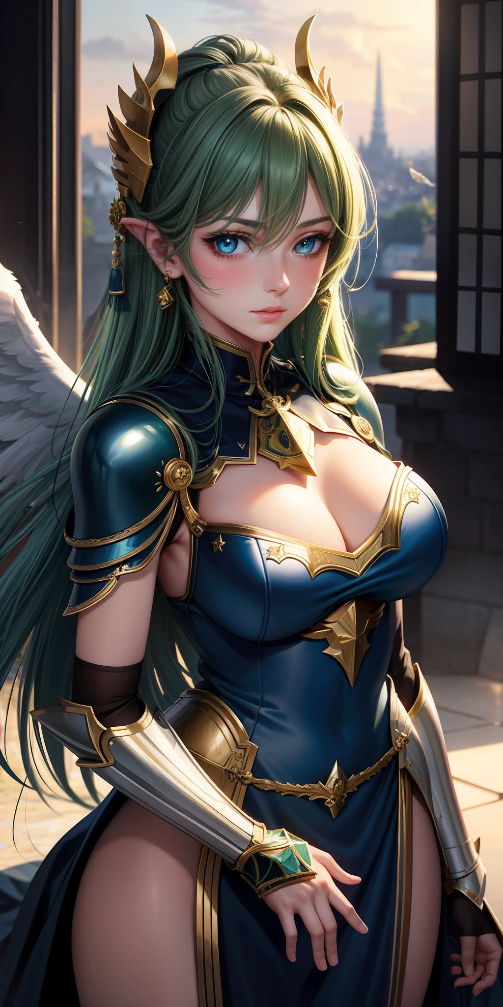 masterpiece: 1.6, best quality), (fine beautiful eyes detailed: 1.2), realistic, 1girl, green hair, blue eyes, bright eyes, mail gold plate, paladin, angel wings, full japanese armor, lips parted, blush, night, moonlight,size 1:1