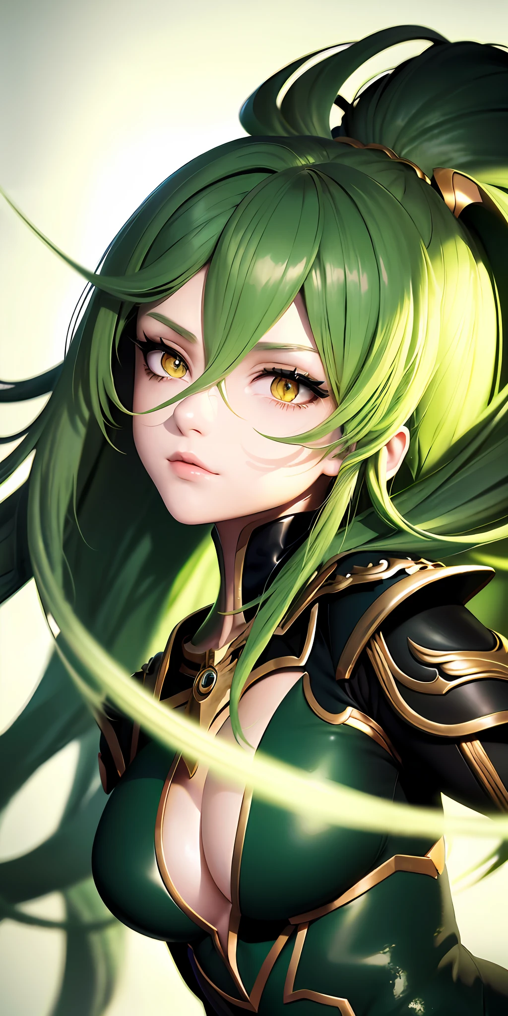 Excellent, masterpiece, green hair, golden eyes, black clothes, looking up, upper body, hair, fair skin, side braids, dragon girl, (aesthetics, pure beauty), (high quality light, sharp contrast, strong deep shadow), (perfect, details in place), size 1:1