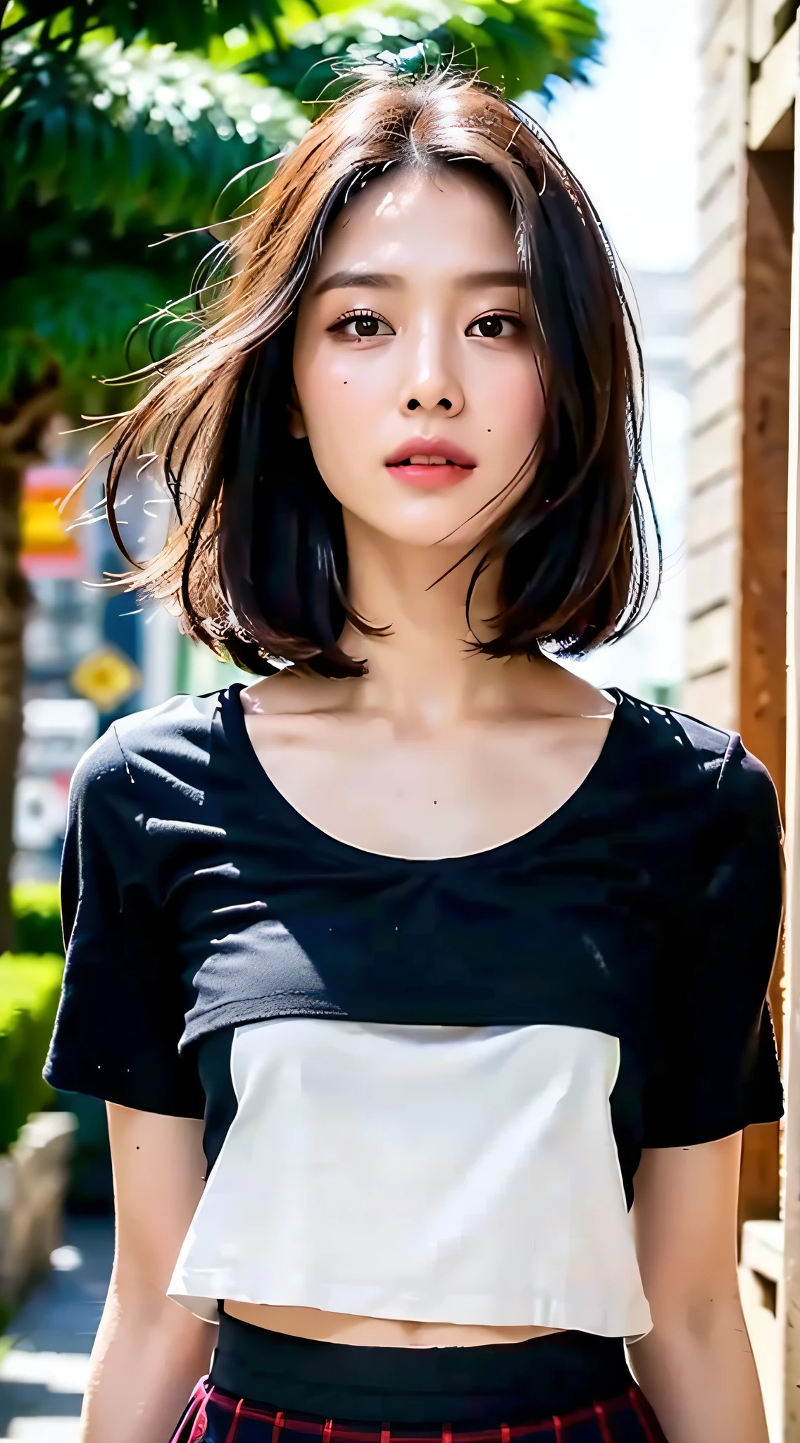 ((Best Quality, 8K, HD Quality, Masterpiece: 1.3)), (Short Sleeves, Skirt: 1.3), Perfect Body Beauty: 1.4, (Dark Street: 1.3), Highly Detailed Face and Skin Texture, Fine Eyes, Double Eyelids, Whitened Skin, Long Hair, (Round Face: 1.5), Smooth Skin: 1.2