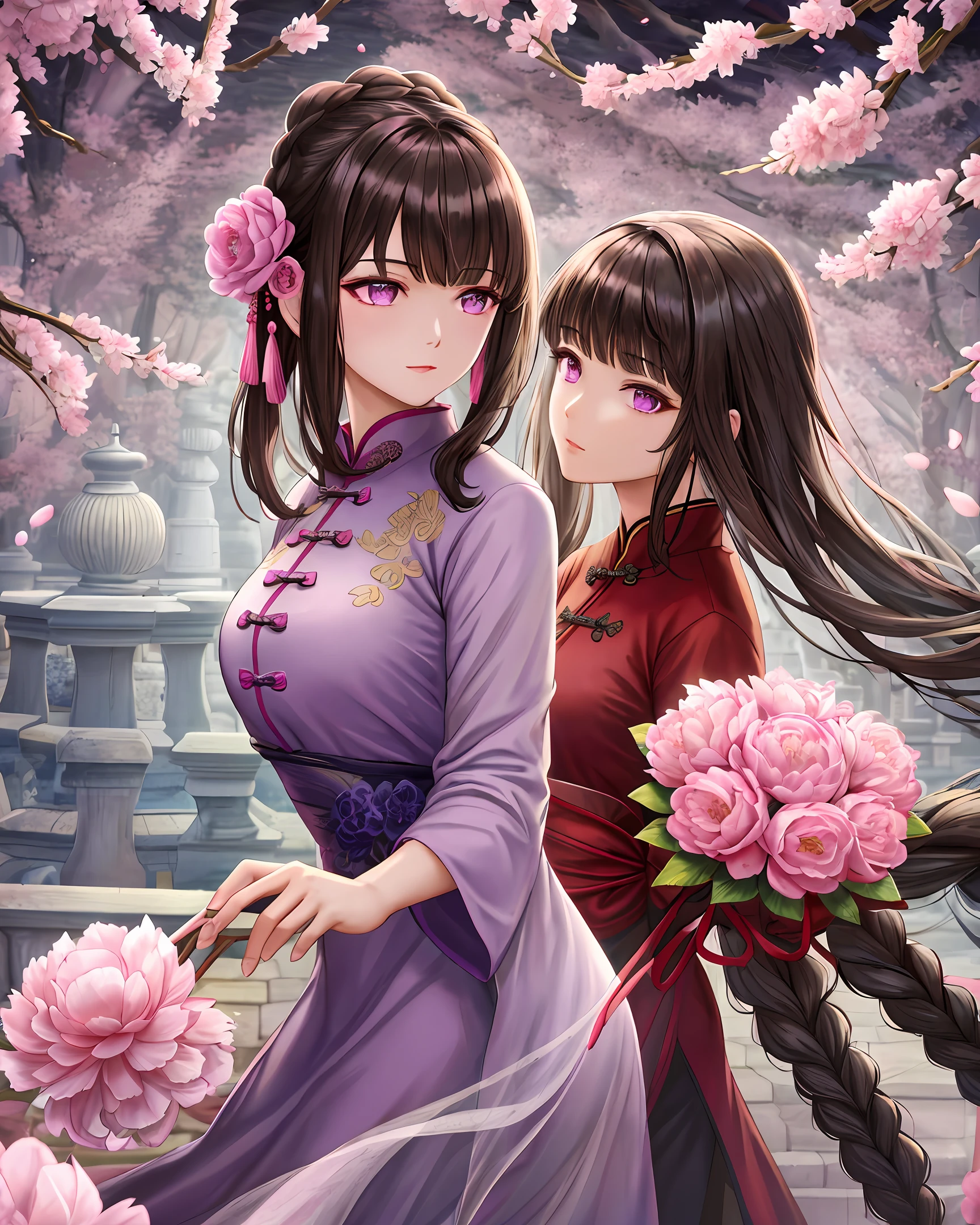 best quality, masterpiece,most of the body,(background:Garden),1 girl, mature woman, chinese style, ancient china, sister, dancer, dark brown hair, dark hair, princess cut, a Fried Dough Twists braid, coiled hair, double ball head,Coiled hair,streamers, light pink lips, calm, intellectual,Purple eyes, tassels, silver thread, beads,peony flowers, gowns, capes, silk skirts, embroidery, fine face, facial close-up,Light-colored clothes,Beautiful face,photorealistic, rim lighting, two tone lighting,(high detailed skin:1.2), 8k uhd, dslr,soft lighting, high quality, Photograph, high resolution, 4k, 8k, Bokeh