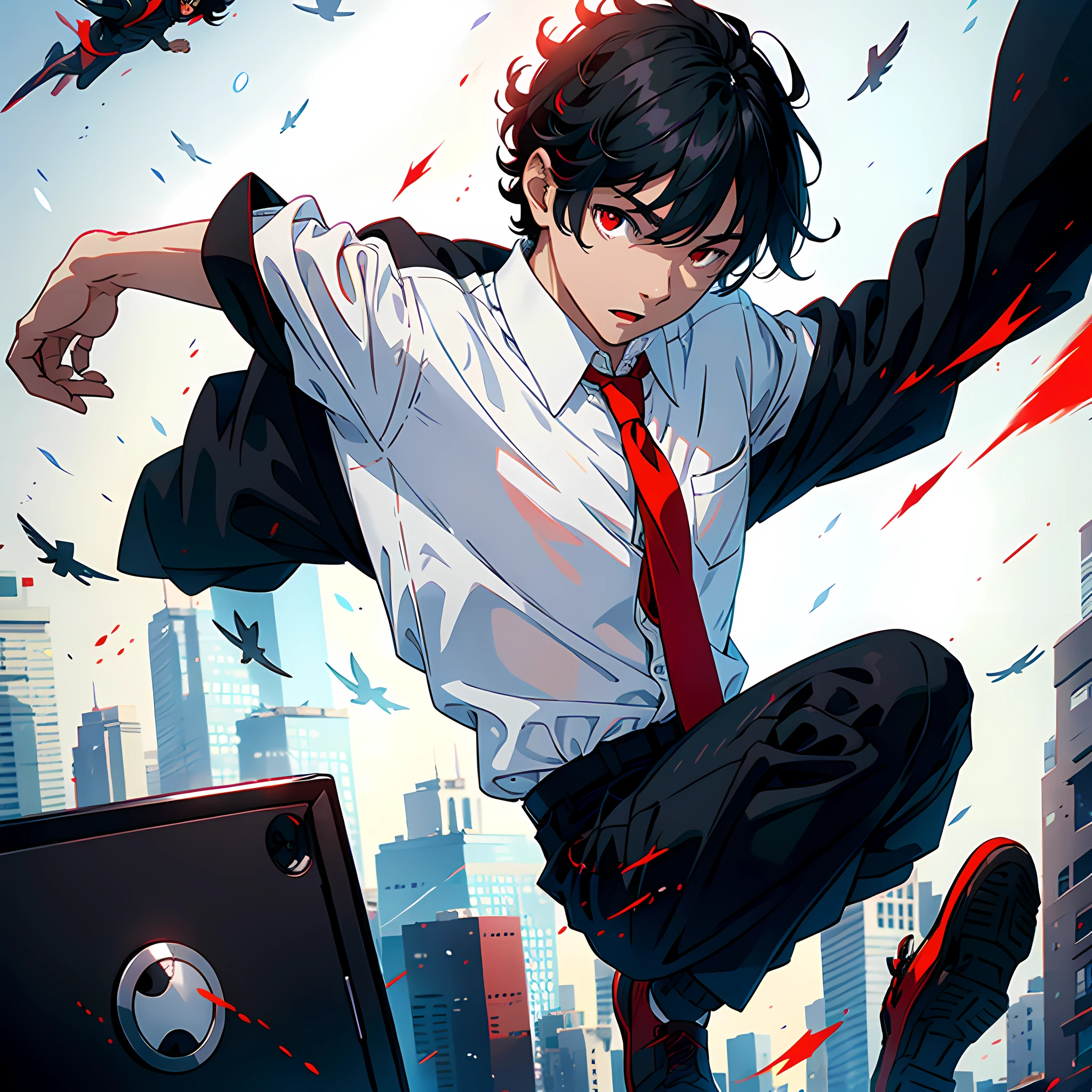 1 man, black hair, red eyes, white shirt, hands on desk, jumping, flying