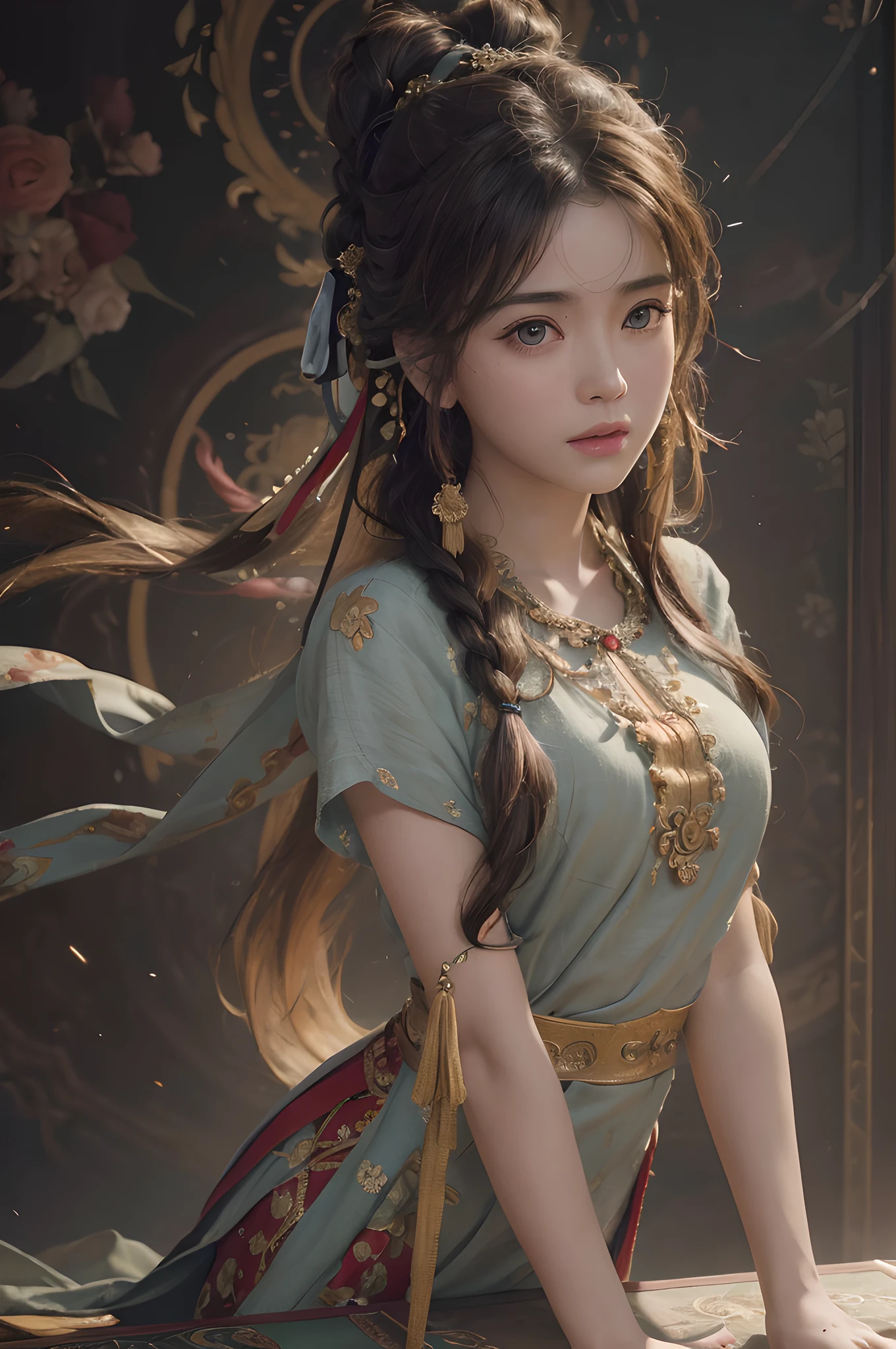 (RAW photo, best quality), (realistic, photo-realistic:1.3),best quality,highly detailed,masterpiece,ultra-detailed,illustration,1girl,upper_body,dynamic angle,world masterpiece theater,messy_long_hair,best quality,extremely detailed CG unity 8k wallpaper,ink,Amazing,cinematic lighting,lens_flare, dunhuang_style