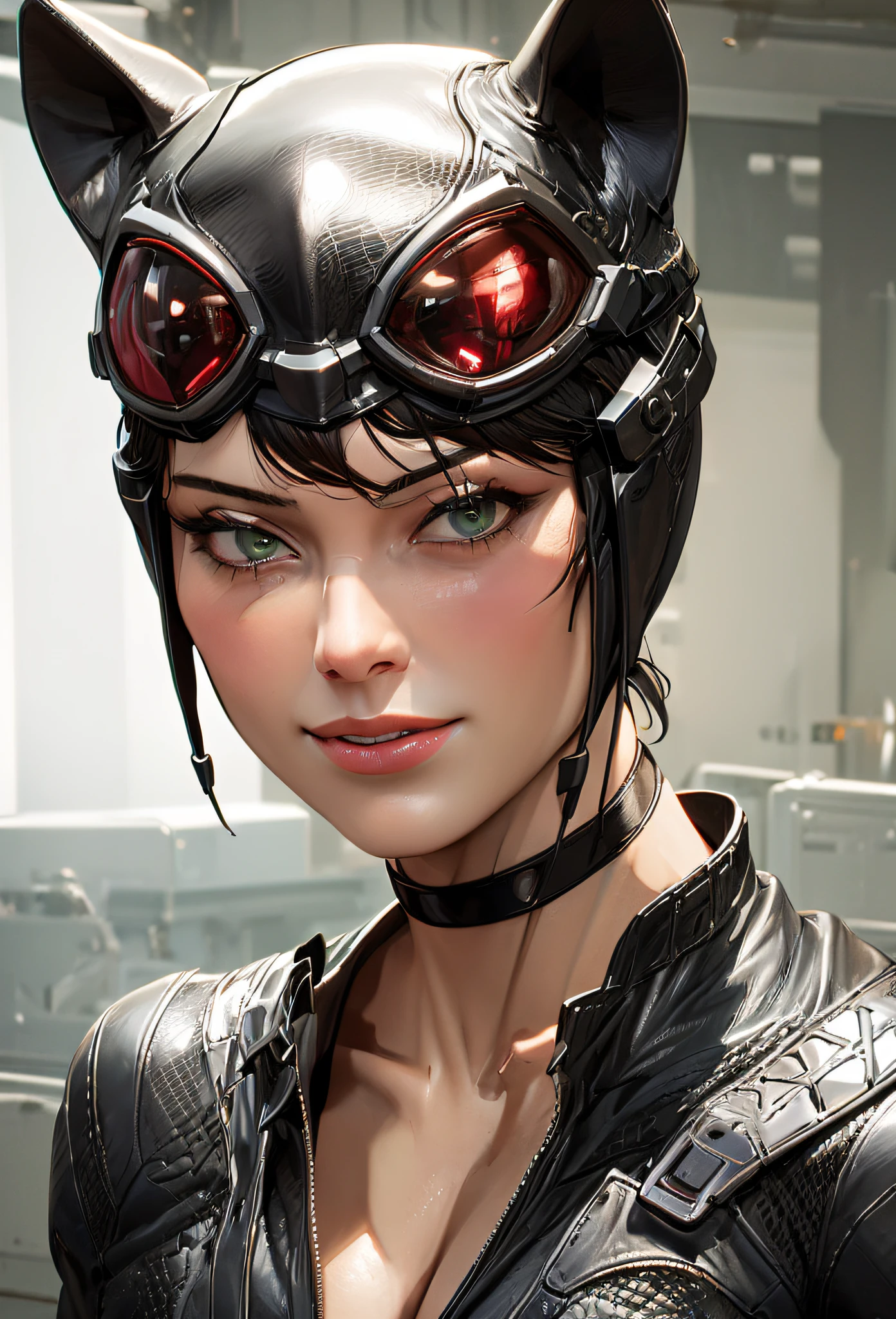 1girl, portrait of beautiful ctwmn, smile, black bodysuit, green eyes, short hair, choker, athletic, cleavage, black headwear, fake animal ears, goggles on head, volumetric lighting, best quality, masterpiece, intricate details, tonemapping, sharp focus, hyper detailed, trending on Artstation, realistic,