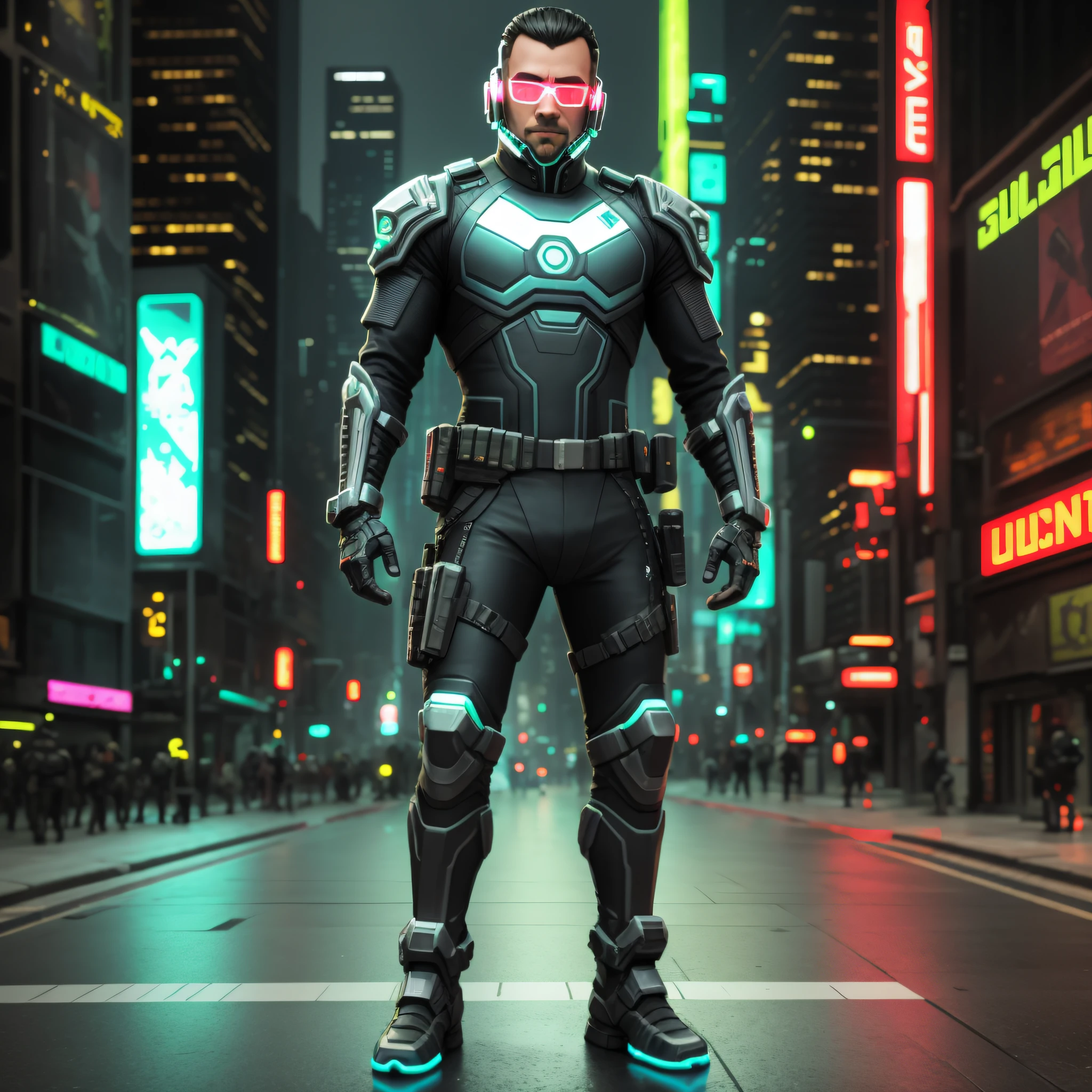 cyberpunk man soldier, full body shot, character sheet, 3d, cgi, glowing neon, cyberpunk, neon city --auto --s2