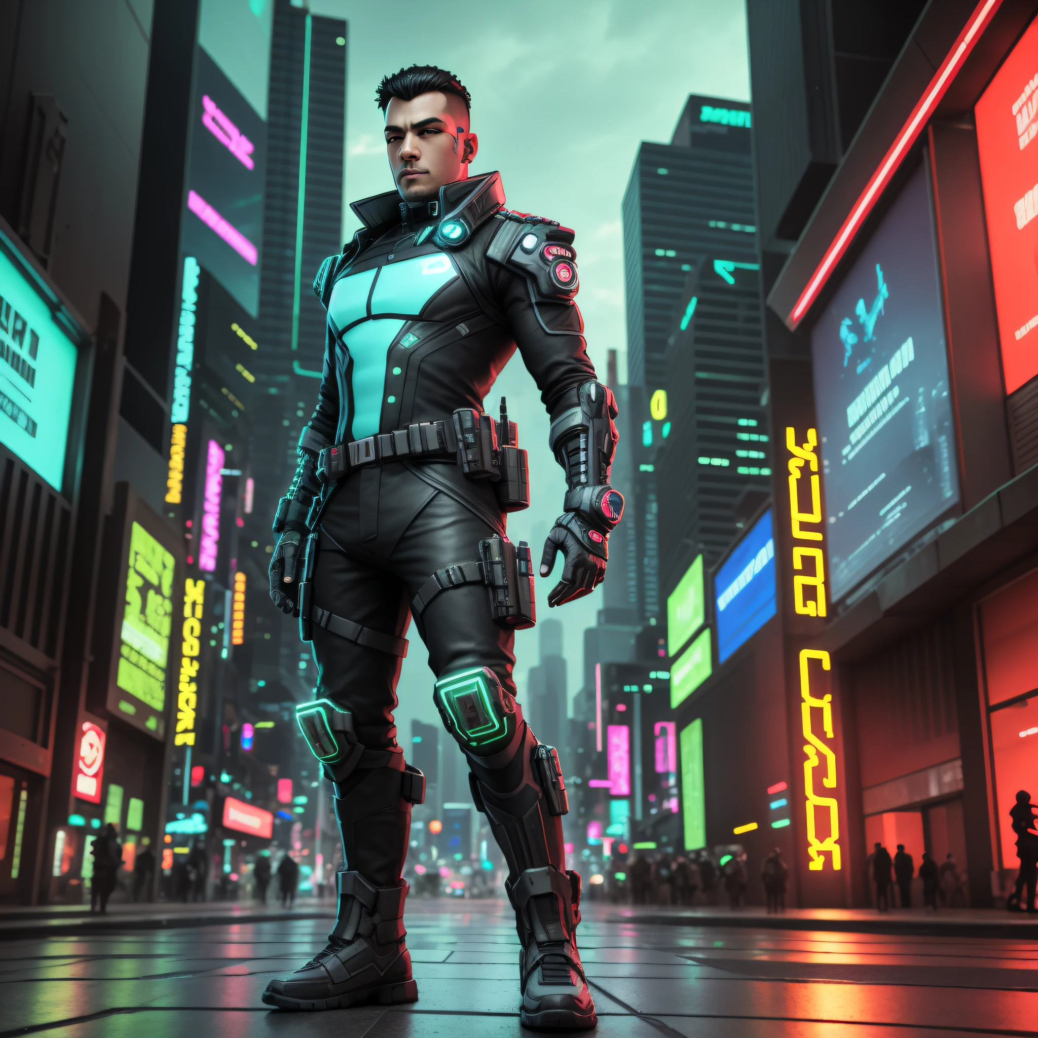 cyberpunk man soldier, full body shot, character sheet, 3d, cgi, glowing neon, cyberpunk, neon city --auto --s2