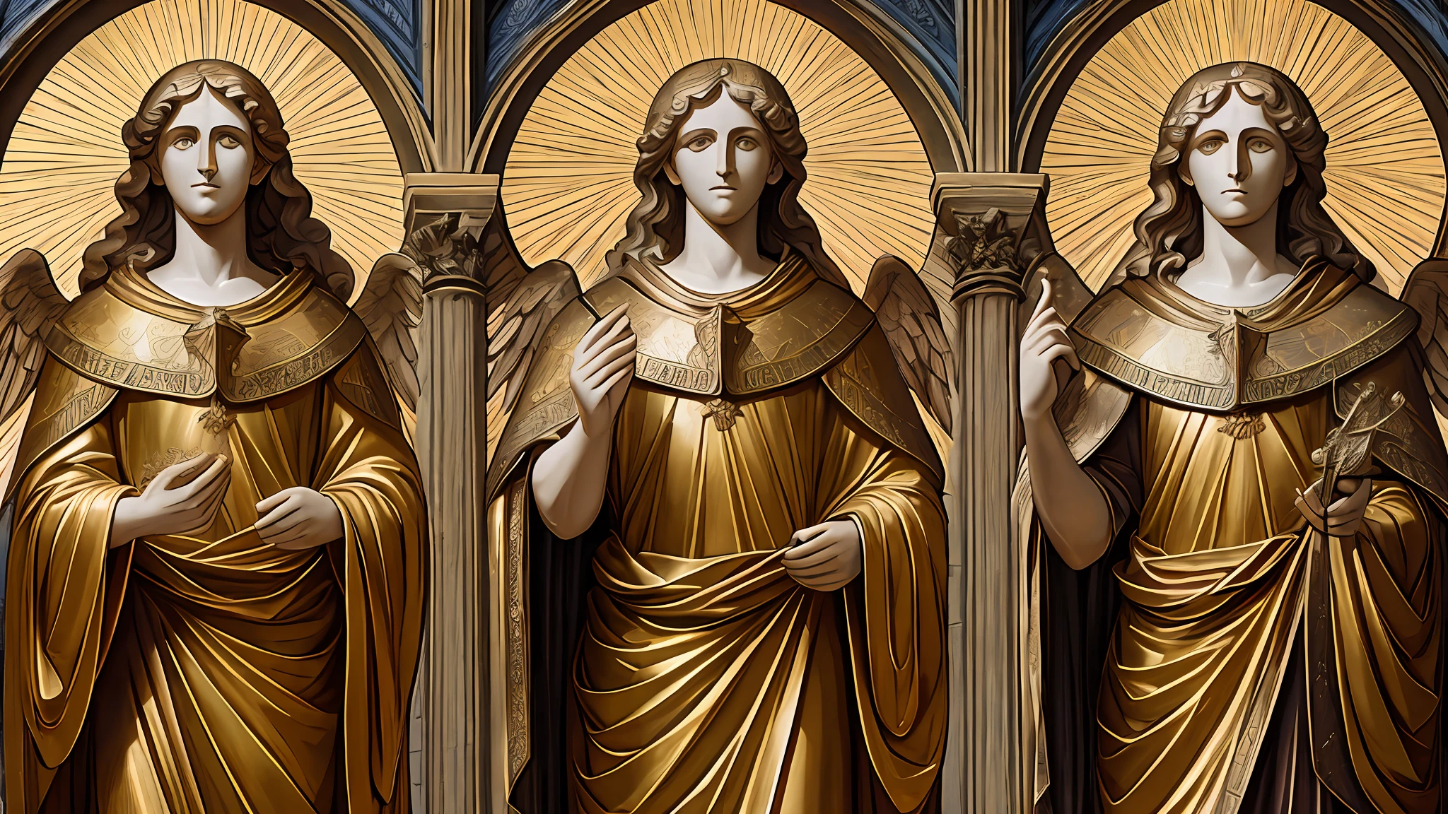 the 3 archangels of the Bible, 8k, uhd, severe low lighting, high quality, sharp focus, fujifilm XT3 --auto --s2