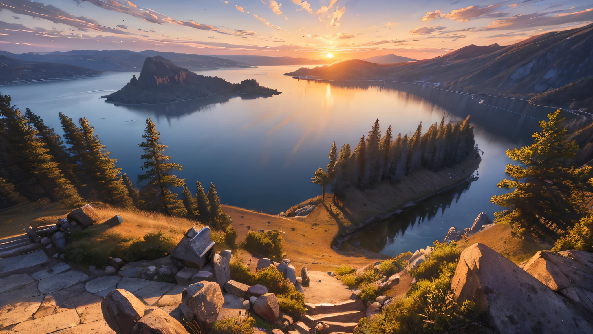 (masterpiece, best quality:1.2), ultra detailed, cinematic lighting, HDR, ilustration,  sunrise, lake, impressive, chill, inspirational,