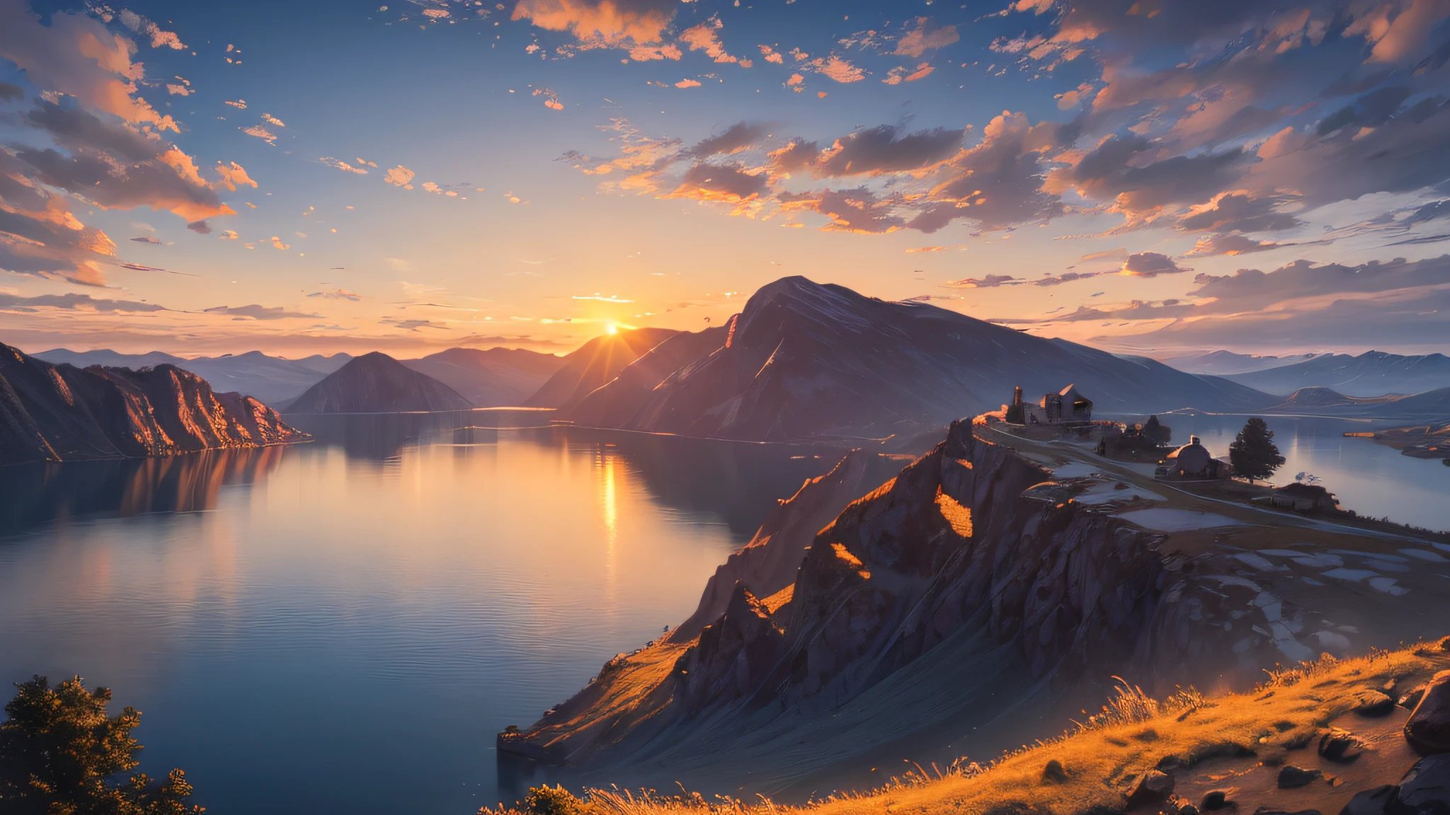 (masterpiece, best quality:1.2), ultra detailed, cinematic lighting, HDR, ilustration,  sunrise, lake, impressive, chill, inspirational,