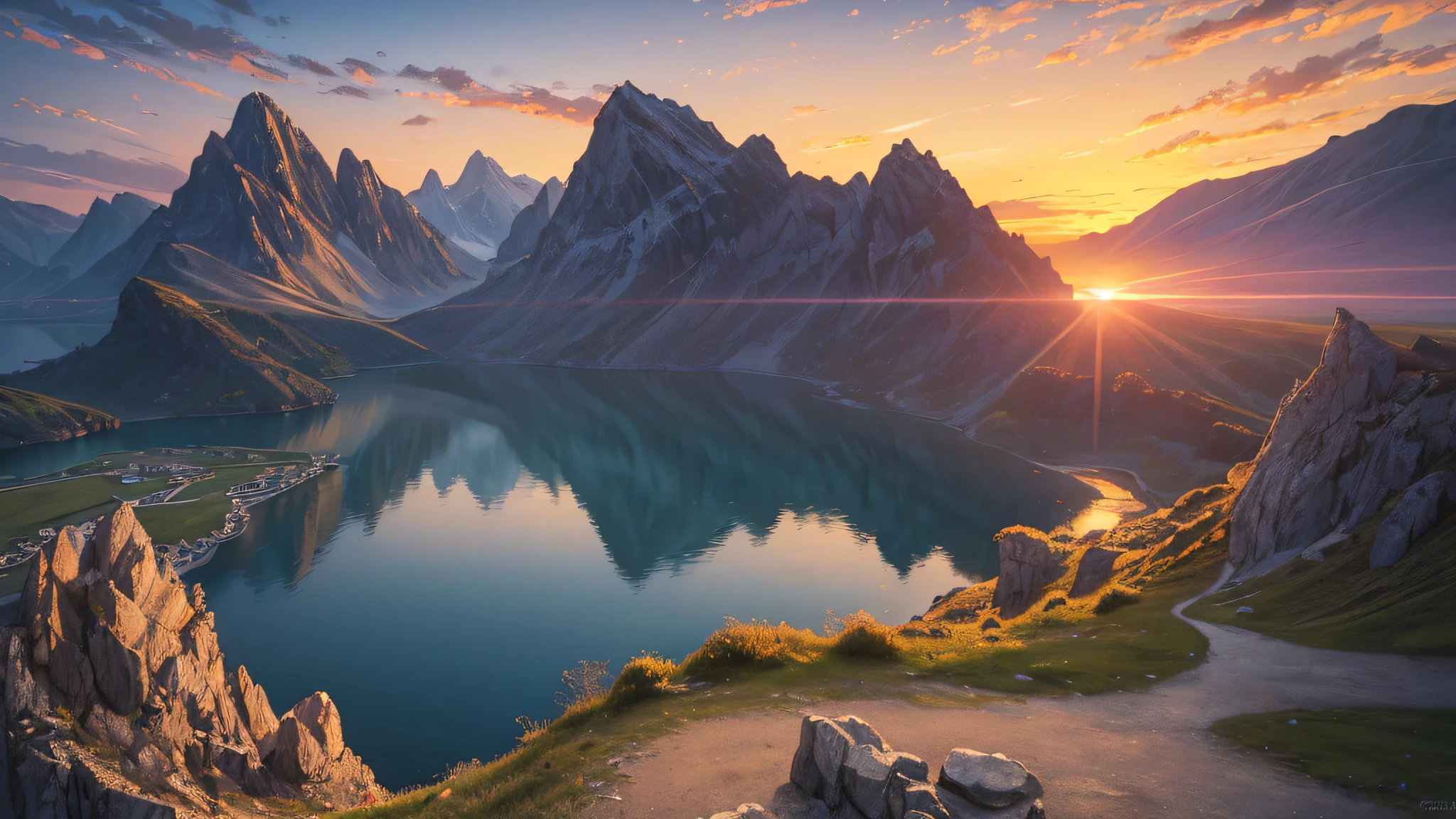 (masterpiece, best quality:1.2), ultra detailed, cinematic lighting, HDR, ilustration, sunrise, lake, impressive, chill, inspirational,