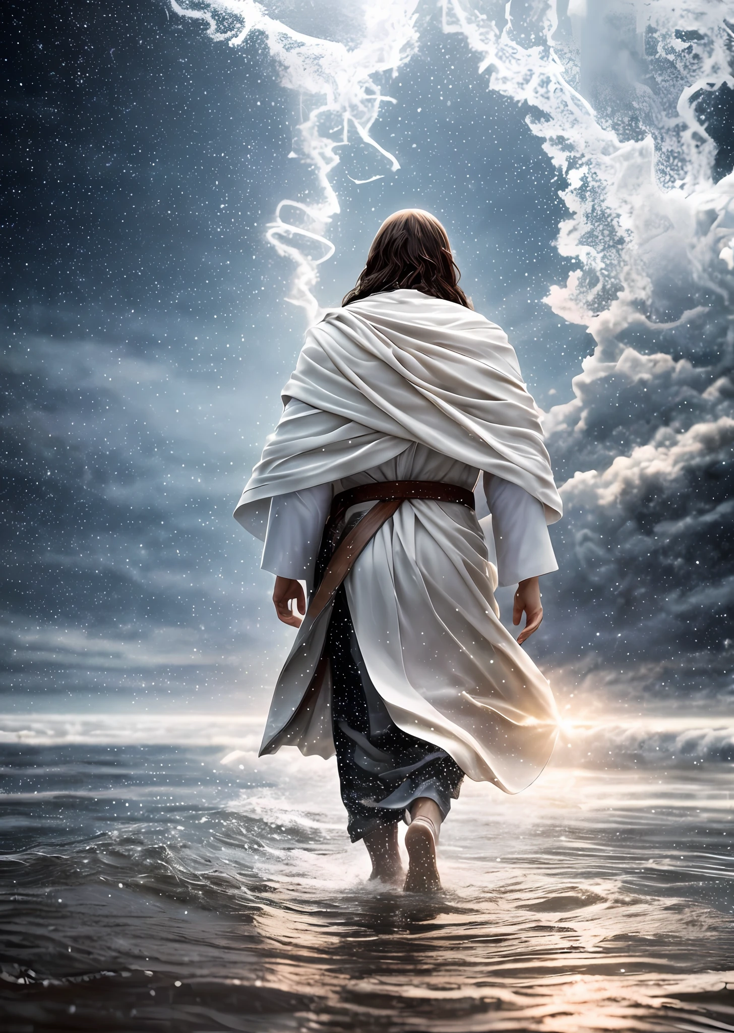 Jesus walking on water in a storm, gentle expression, streaks of light coming down from the sky, masterpiece, highest quality, high quality, highly detailed CG unit 8k wallpaper, award-winning photos, bokeh, depth of field, HDR, bloom, chromatic aberration, realistic, very detailed, trending at artstation, trending at CGsociety, complex, high detail, dramatic, mid-journey art, volumetric lighting