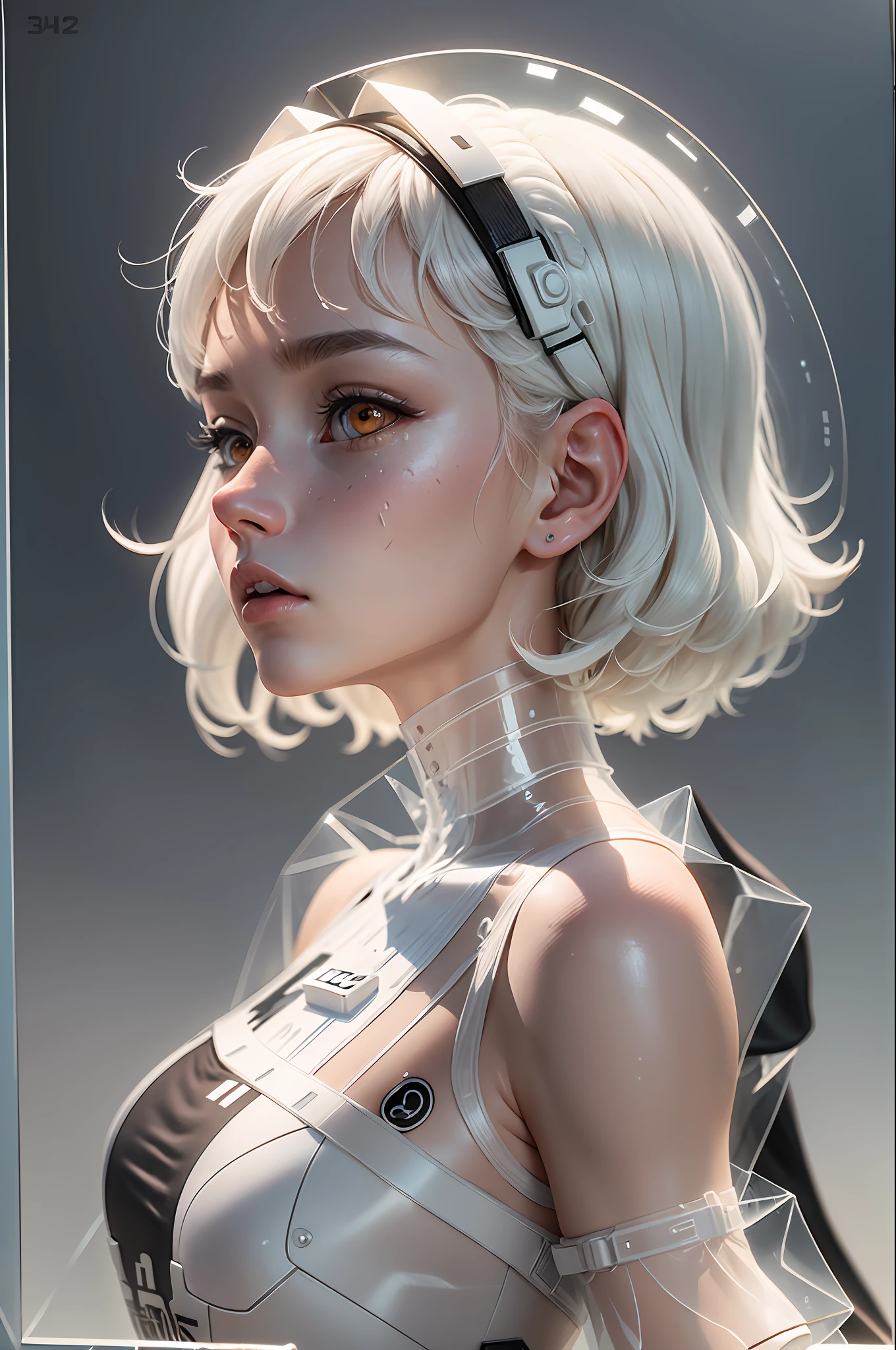 Highest quality,The perfect masterpiece,Perfect artwork,Official Works,8K,
(Upper Body Portrait:1.3),((Seen from the side:1.5)),close-up lens,Delicate face,
,White-haired girl,(hakuhatsu:1.5),short and medium hair,((White transparent eyes:1.5)),(white dress:1.2),(Transparent clothing:1.2),(Black background:1.3),
pearl illusion,Cyberpunk,fashion trend,3s material,high-definition,detail representation,c4d,3D,octane rendering,ray tracing,complex details,animated lighting,OCrenderer, --auto --s2