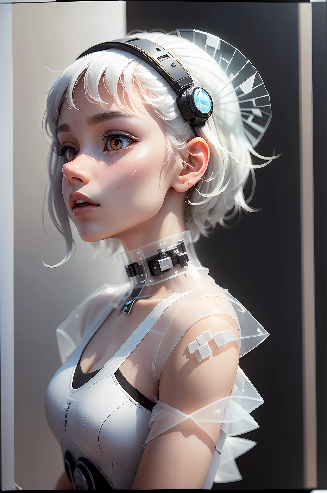 Highest quality,The perfect masterpiece,Perfect artwork,Official Works,8K,
(Upper Body Portrait:1.3),((Seen from the side:1.5)),close-up lens,Delicate face,
17 years old,White-haired girl,(hakuhatsu:1.5),short and medium hair,((White transparent eyes:1.5)),(white dress:1.2),(Transparent clothing:1.2),(Black background:1.3),
pearl illusion,Cyberpunk,fashion trend,3s material,high-definition,detail representation,c4d,3D,octane rendering,ray tracing,complex details,animated lighting,OCrenderer, --auto --s2