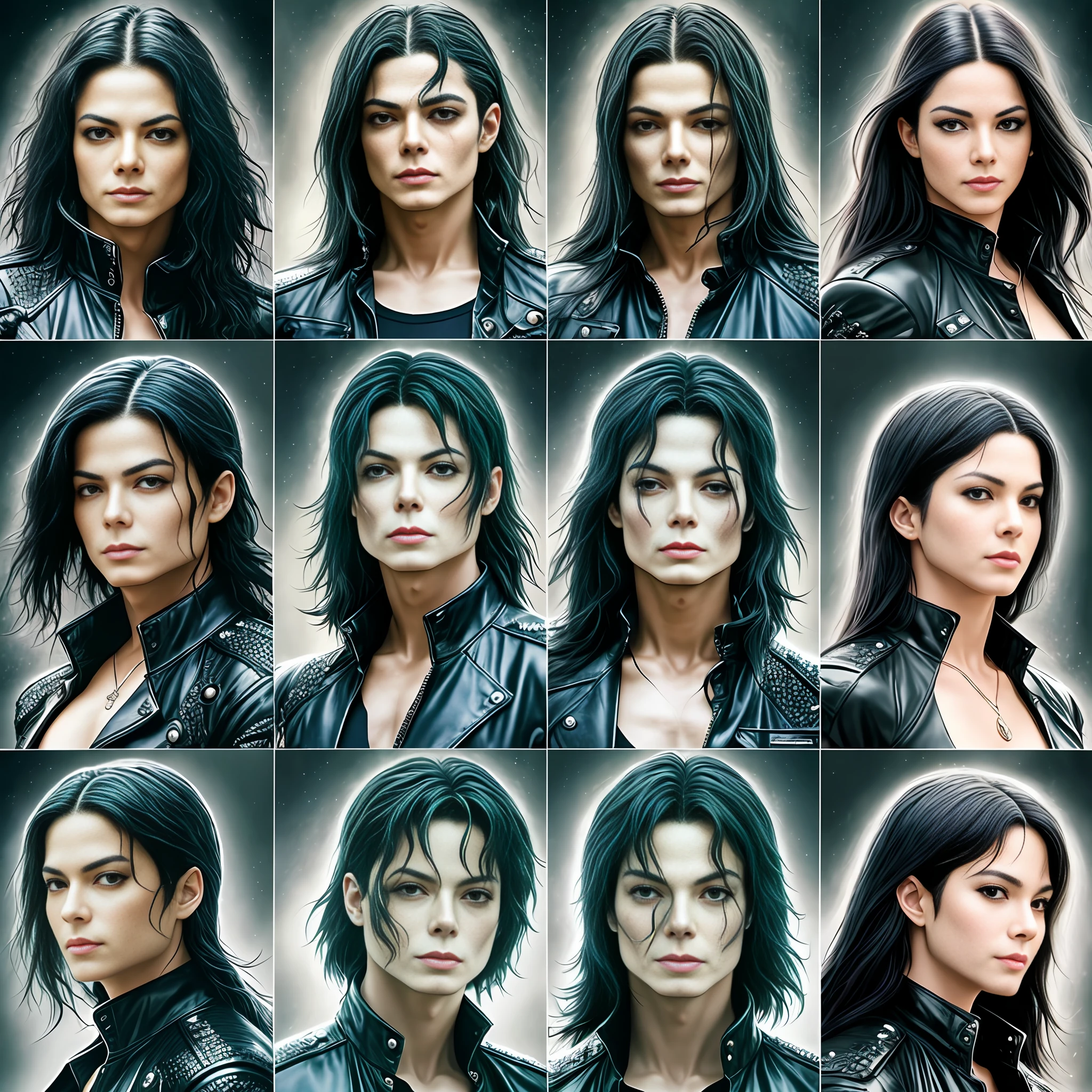 Michael Jackson, matrix of 9 images, same costume, different shooting angles, different expressions, high quality character design, real skin, transparent background. ((Ultra-detailed))), ((Best Quality)), ((Masterpiece)), High Resolution, 8k, Anatomically Correct, UHD