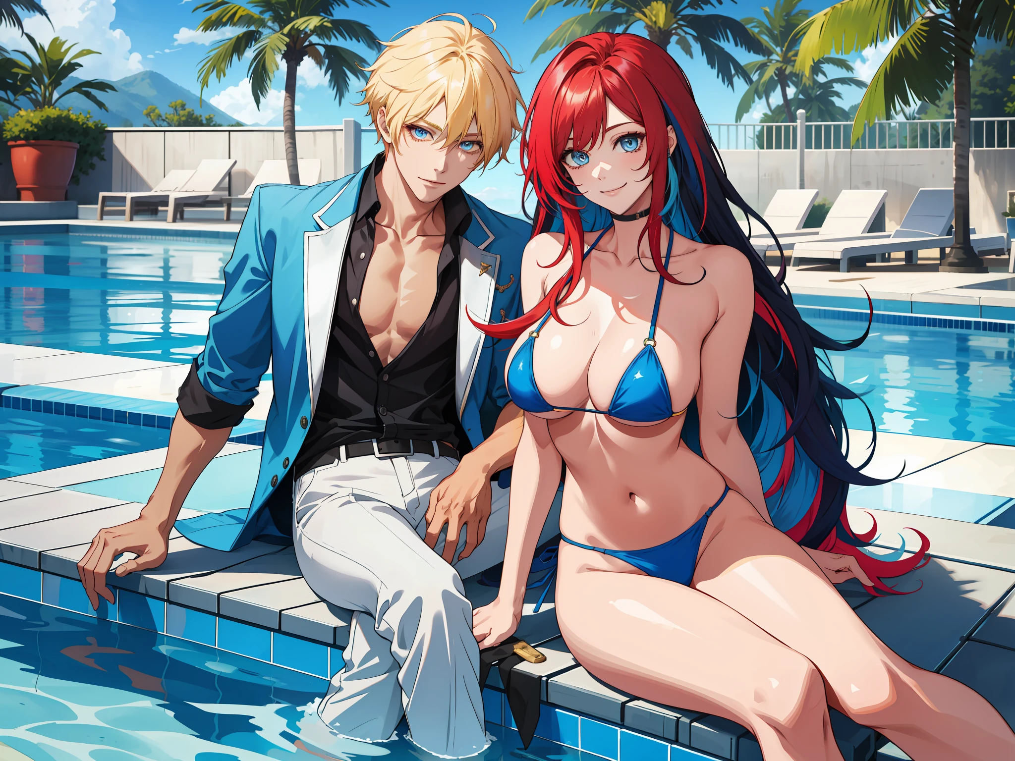 masterpiece, best quality, highres, ahri1, 1girl, solo, blonde hair, k/da \(league of legends\), long hair, multicolored hair, open hair, blue eyes, two-tone hair, large breasts, poolside, micro bikini, smile, 2 handsome boys on her both sides, red hair boy on the left and blue hair boy on the right