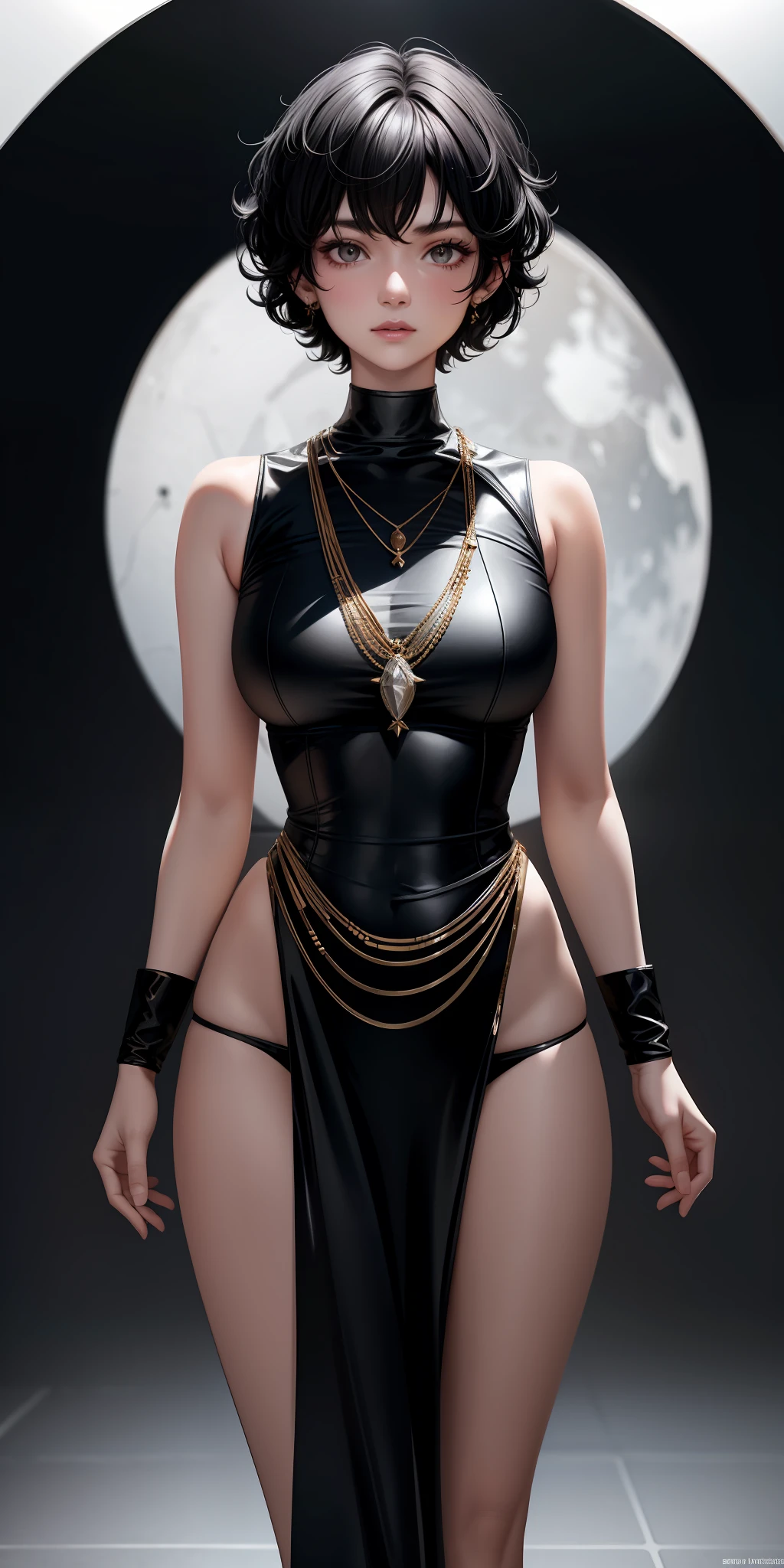 Female character, short curly black hair, white skin, black eyes, white room setting, wearing waning moon necklace, High details, 8k, high definition