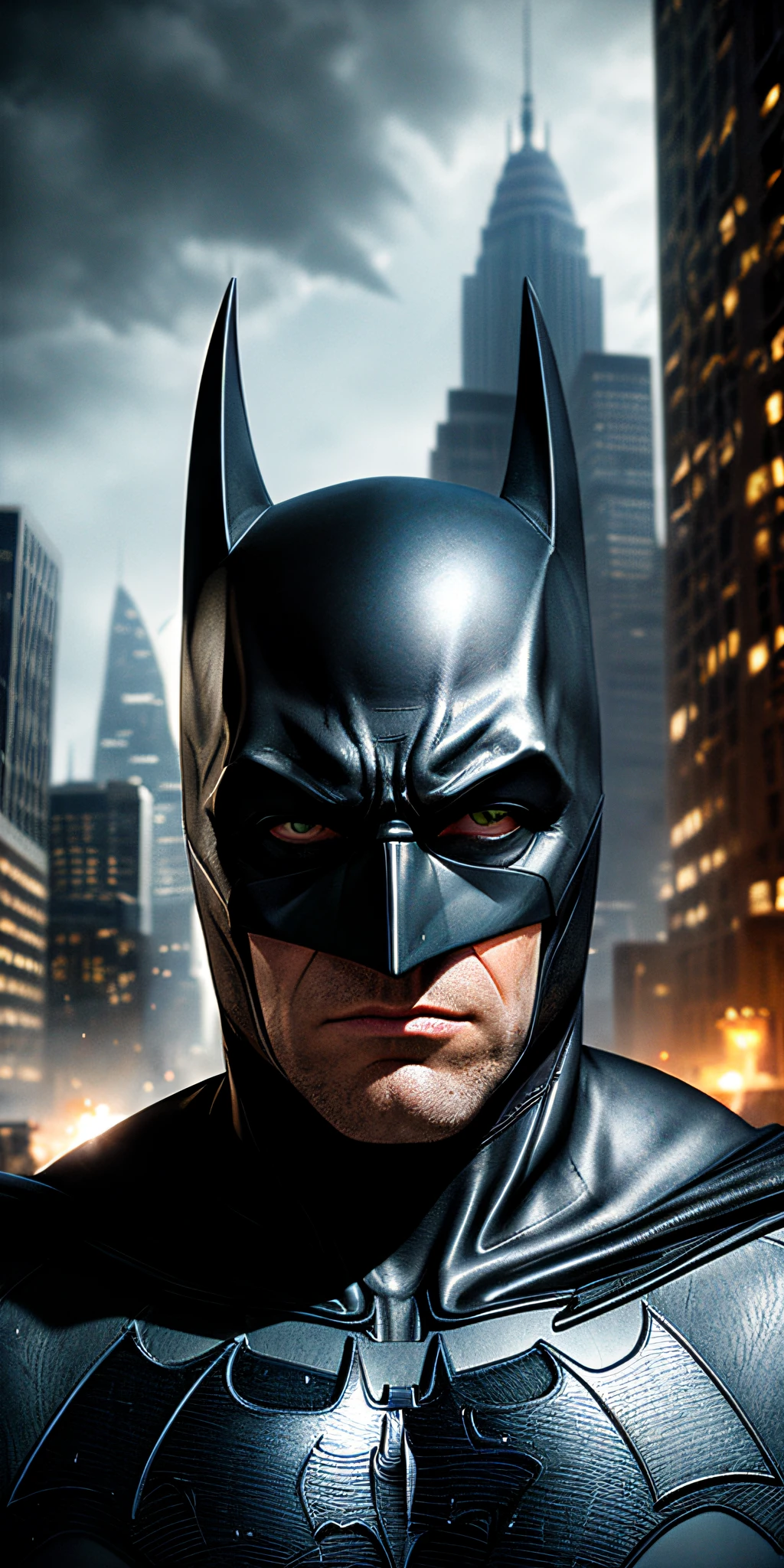 Batman ((proud expression)), masterpiece, best quality, ultra-detailed, black shadow around the eyes, slightly irritated facial expression, ground, city background, shadows, contrast, clear sky, style (look at the viewer: 1.2) (skin texture) (film grain: 1.3), ultra-high resolution, octane rendering, 16k