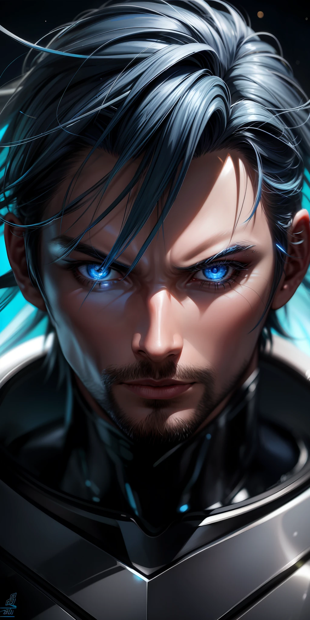 Male character with super power to control water, blue hair, blue eyes, 8k white skin, high definition, detailed face, detailed face, detailed eyes, hyper-realistic, + cinematic plan + dynamic composition, incredibly detailed, sharpness, detail + superb details + night with light + perfectionism + award-winning realism ((ambient lighting))