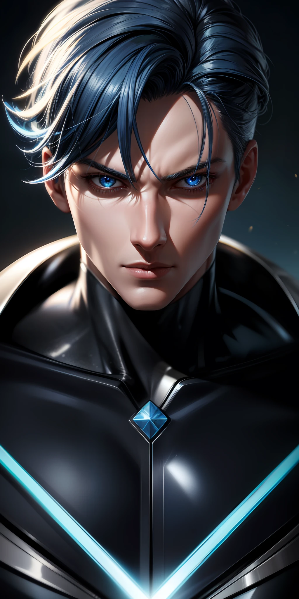 Male character with super power to control water, blue hair, blue eyes, 8k white skin, high definition, detailed face, detailed face, detailed eyes, hyper-realistic, + cinematic plan + dynamic composition, incredibly detailed, sharpness, detail + superb details + night with light + perfectionism + award-winning realism ((ambient lighting))
