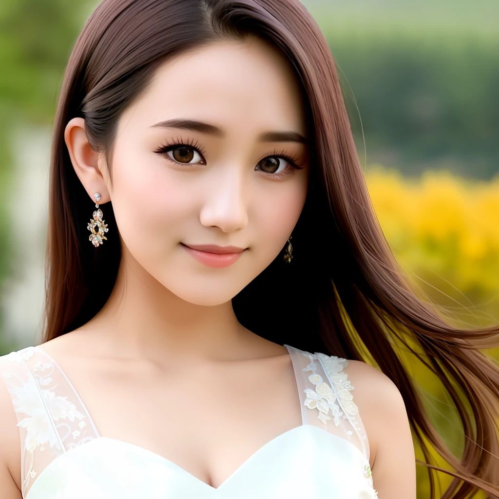 a close up of a woman wearing a beautiful dress, gorgeous young girl, gorgeous thai model, 20-year-old girl, young and cute girl, lovely delicate face, cute young woman, dilraba dilmurat, beautiful asian girl, jewelry, ethereal beauty, silver long hair, smile, happiness, windy, intricate details, detailed texture, finely detailed, high quality, best quality, photo-realistic,
