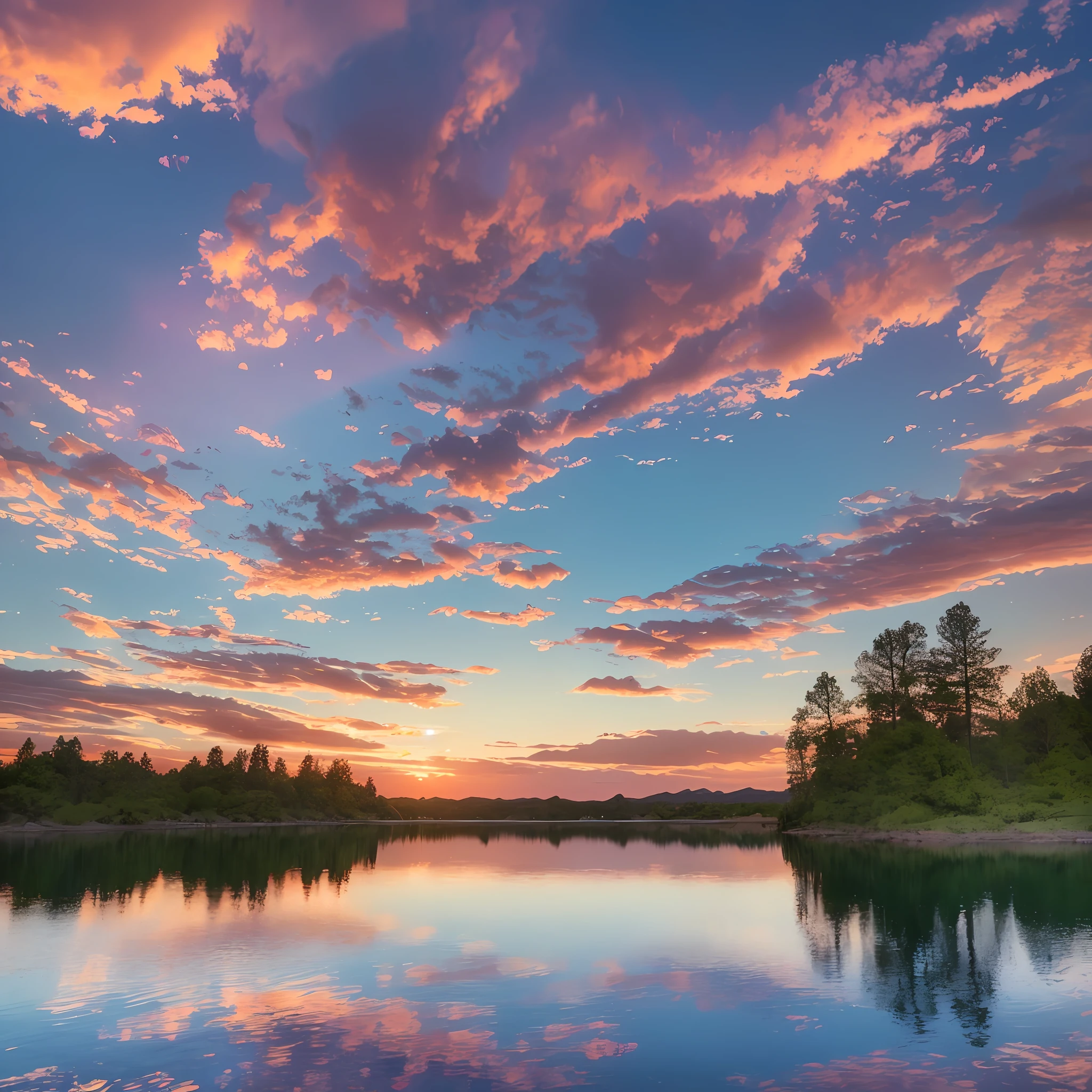 There is a beautiful sunset with a lake and trees in the background, blue skies, light colors, colorful sunset, colorful sky, wonderful sky reflection, stunning sky, dream like 8k atmosphere, colorful clouds, colors reflecting on the lake, surreal sky, yellow and blue reflections, fire reflection, beautiful sky, beautiful and spectacular twilight, beautiful dream landscape,  amazing sky --auto --s2