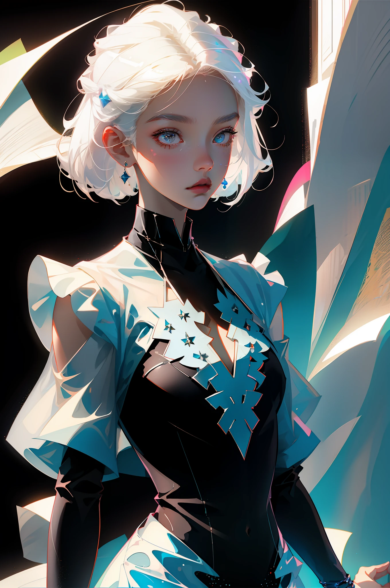 Highest quality, perfect masterpiece, perfect work, official work, 8K, (upper body: 1.3), (side: 1.5)), close-up, delicate face, 17 years old, white haired girl, (white hair: 1.5), medium and short hair, ((white transparent eyes: 1.2)), (white dress: 1.2), (transparent clothing: 1.2), (black background: 1.3), pearl illusion, cyberpunk, fashion trend, 3s material, HD, detail performance, c4d, 3D, octane rendering, ray tracing, intricate detail, animated lighting, OCrenderer,