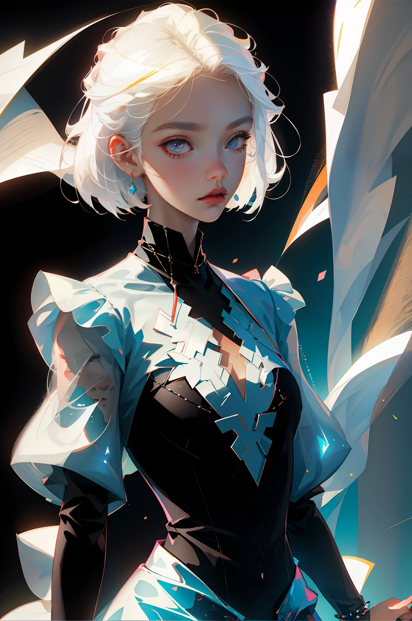 Highest quality, perfect masterpiece, perfect work, official work, 8K, (upper body: 1.3), (side: 1.5)), close-up, delicate face, , white haired girl, (white hair: 1.5), medium and short hair, ((white transparent eyes: 1.2)), (white dress: 1.2), (transparent clothing: 1.2), (black background: 1.3), pearl illusion, cyberpunk, fashion trend, 3s material, HD, detail performance, c4d, 3D, octane rendering, ray tracing, intricate detail, animated lighting, OCrenderer,