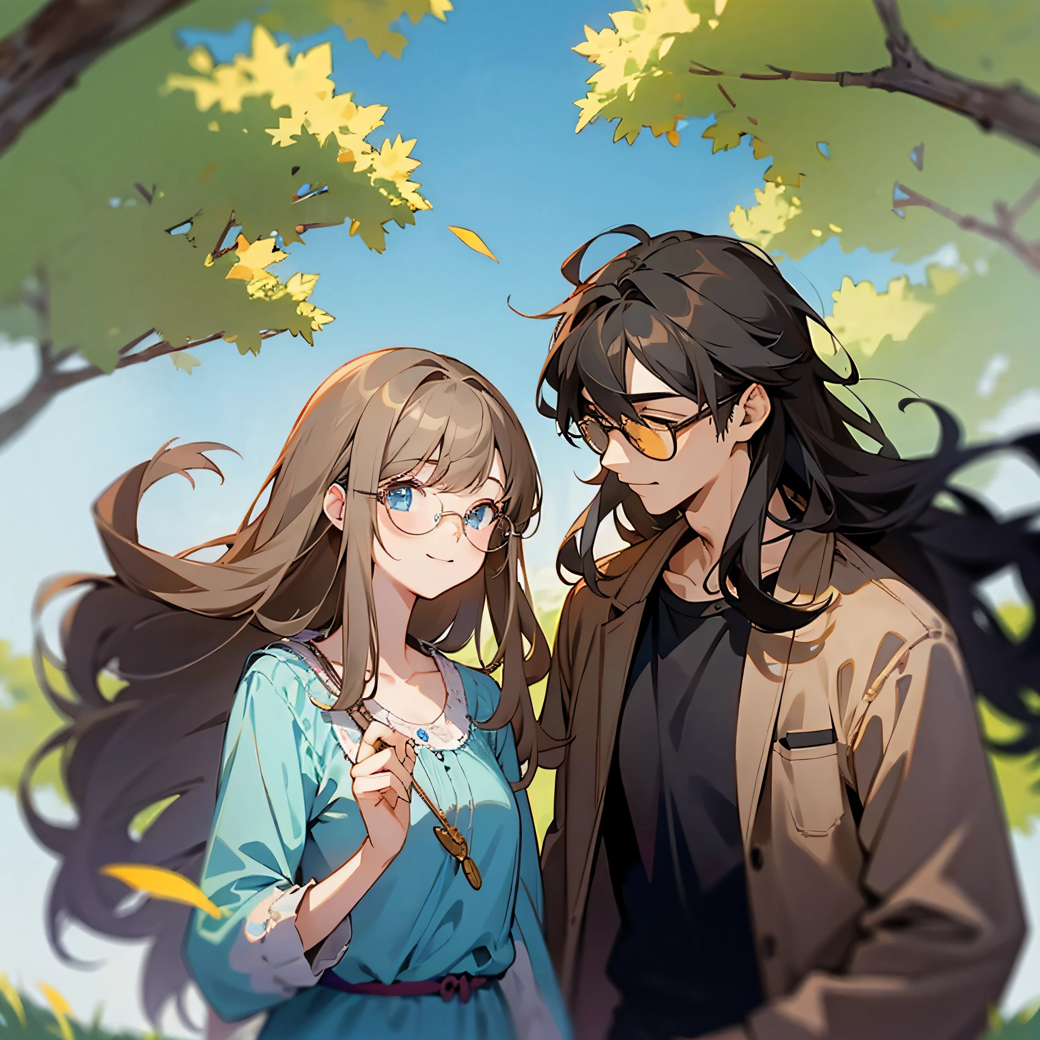 masterpiece, (anime), cute, romantic, best quality, 2others, couple, mature, adult, height difference, different fashion, different color, casual clothes, long sleeves, smile, happy, love, swirling wind, blue sky, long-haired man, light brown haired man, black-haired woman, long-haired woman, bespectacled woman, pond --auto --s2