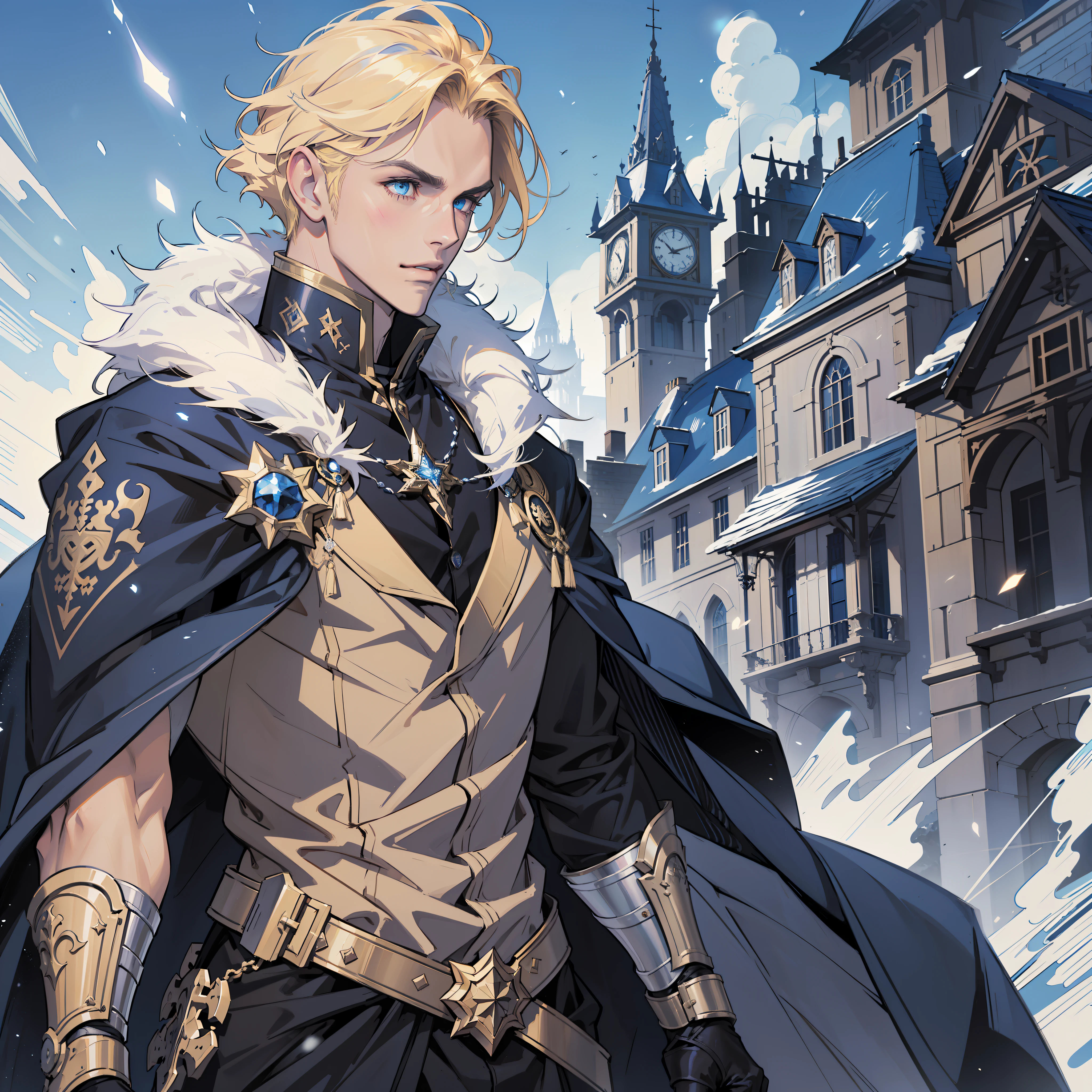 style of Gabriel Picolo, blonde man in blue shirt and black cloak with fur, handsome androgynous prince, knight, aristocrat, tall anime guy with blue eyes, high quality, detailed, anime, high quality, high detail aristocrats, royalty, (luminous particles: 1.3), moonlight, lens flare, (cinematic light), illustration, royalty, [: (detailed face: 1.2): 0.2], detailed, detailed clothing,  (detailed background: 1.3), dynamic pose, 30 years old, concept art, splashart, particles, wind, snow, winter, simple background with gear elements, cool shades, different poses, side view, front view, dynamic pose, anime frame, cartoon still, epic frame