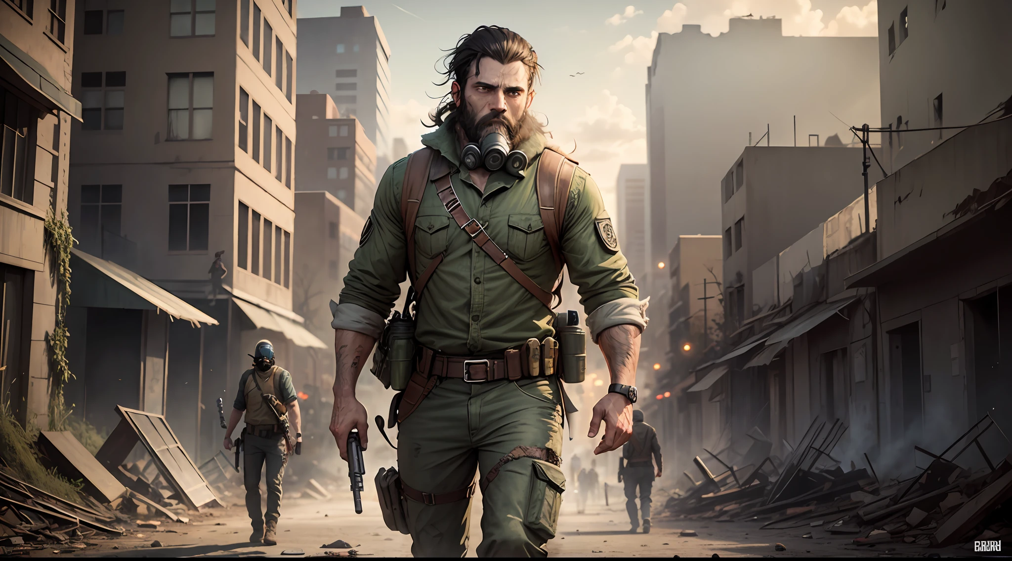 A bearded boy style Walking Dead, in a city in zombie ruins, ultra realistic, with gas mask on his face --auto --s2