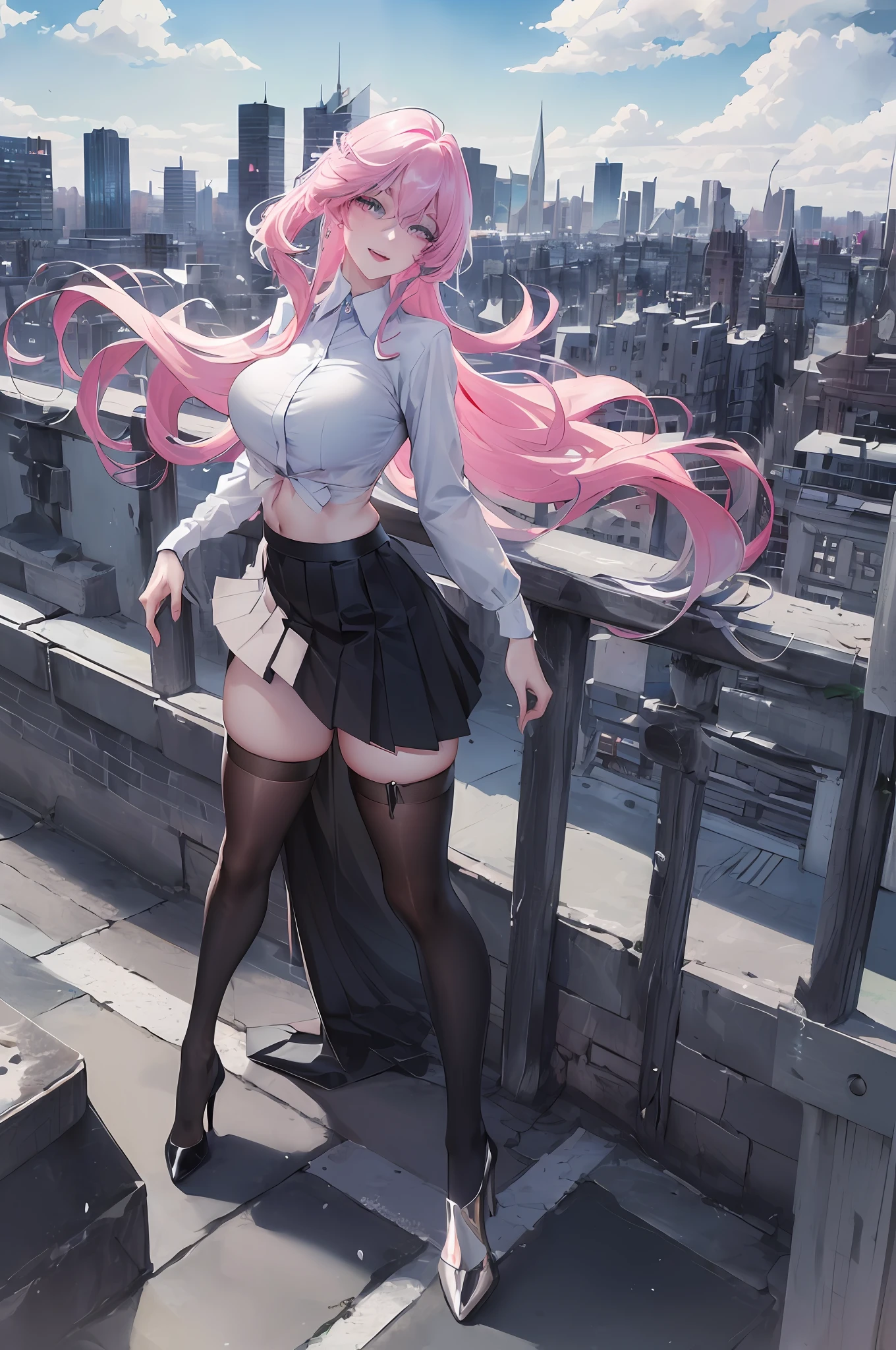 Official Art, Masterpiece, Sharp Focus, (Gorgeous Sexy Korean Woman: 1.5), Korean Beauty, Delicate Beautiful Hair and Eyes and Face, Realistic, Ultra Detailed, Sexy Teen, Blue Sky, Glowing White Particles, (Sidelighting: 1.2), Sunlight, White Clouds, Detailed Clouds, Slender Legs, Sexy Big Breasts Big Buttocks, Show Feet, Smile Toothy, ((Laugh with Eyes Open)), Landscape, Long Straight Hair, Sexy Facial Expressions, Architecture, (Cityscape :1.7), Dynamic hair, long straight hair, fine platinum-pink hair, glowing blue eyes, (black pleated shirt + black skirt + black over-the-knee socks), stiletto heels, bra, pale skin, hair accessories, epic landscape, leg close-up
